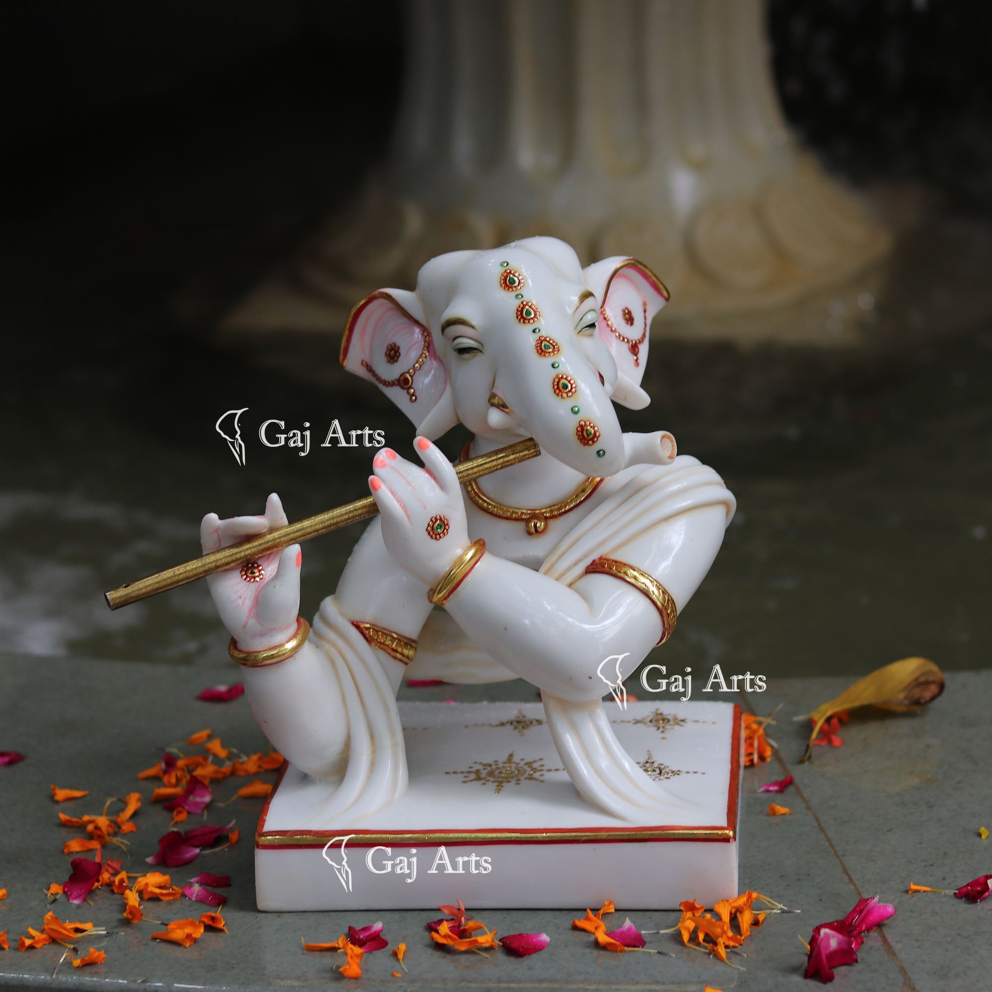 Marble Powder Flute Ganpati Idol | 12 Inch