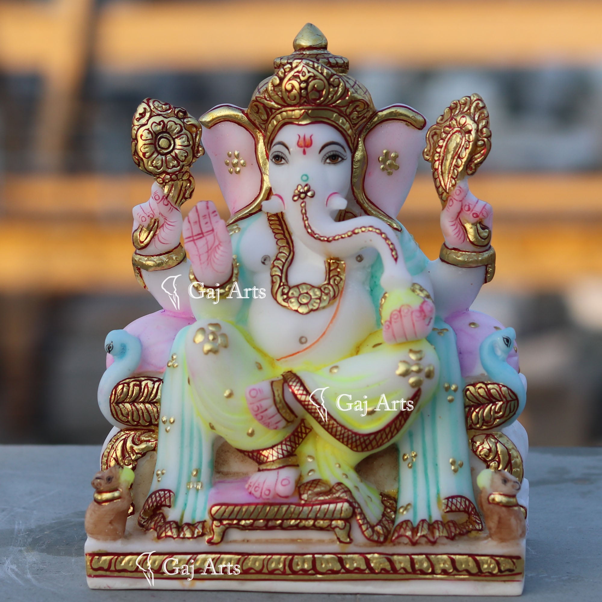 White Marble Ganesh Idol with Gold Work | 7 Inch