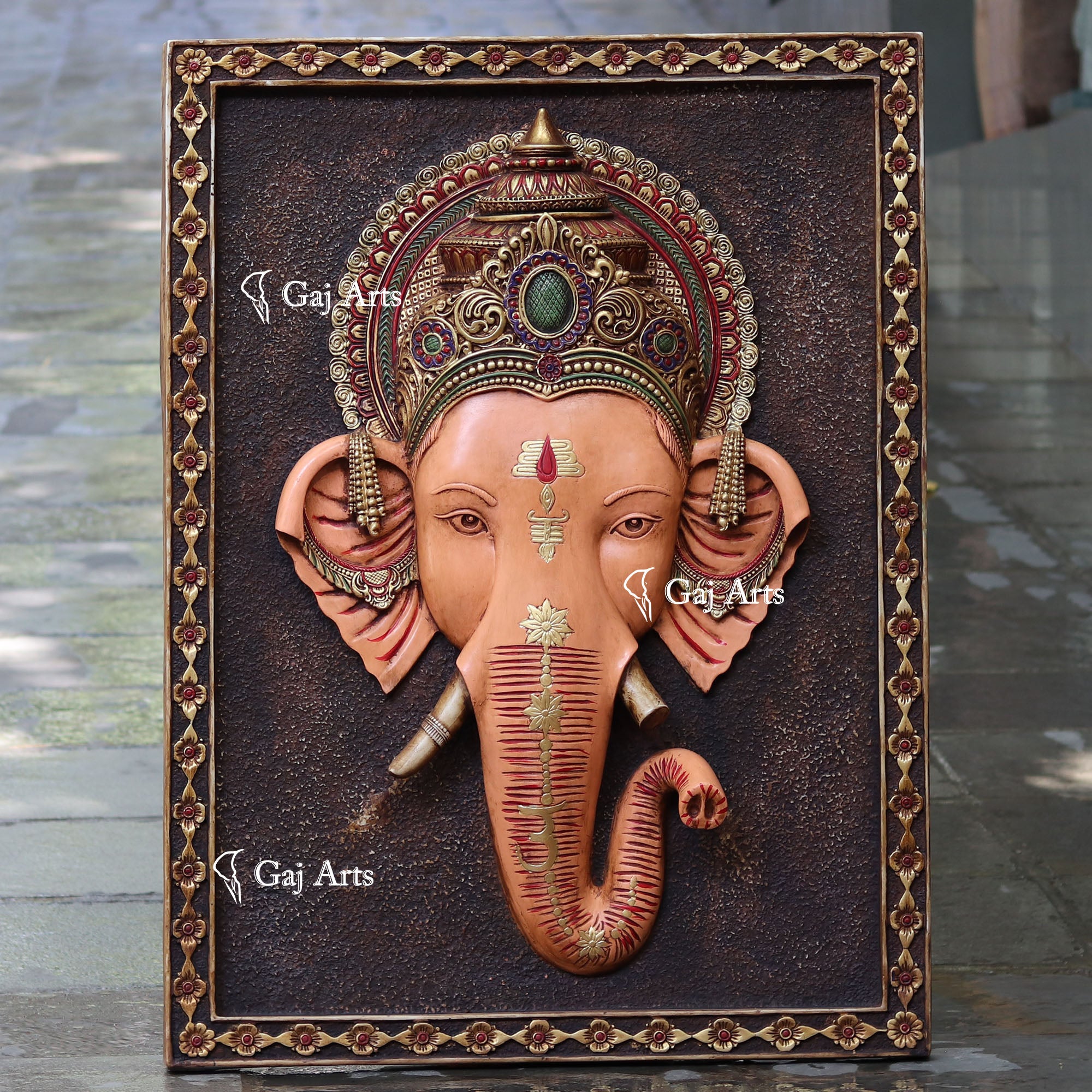 White Antique Finish  Ganpati Face Wall Panel | 48 Inch