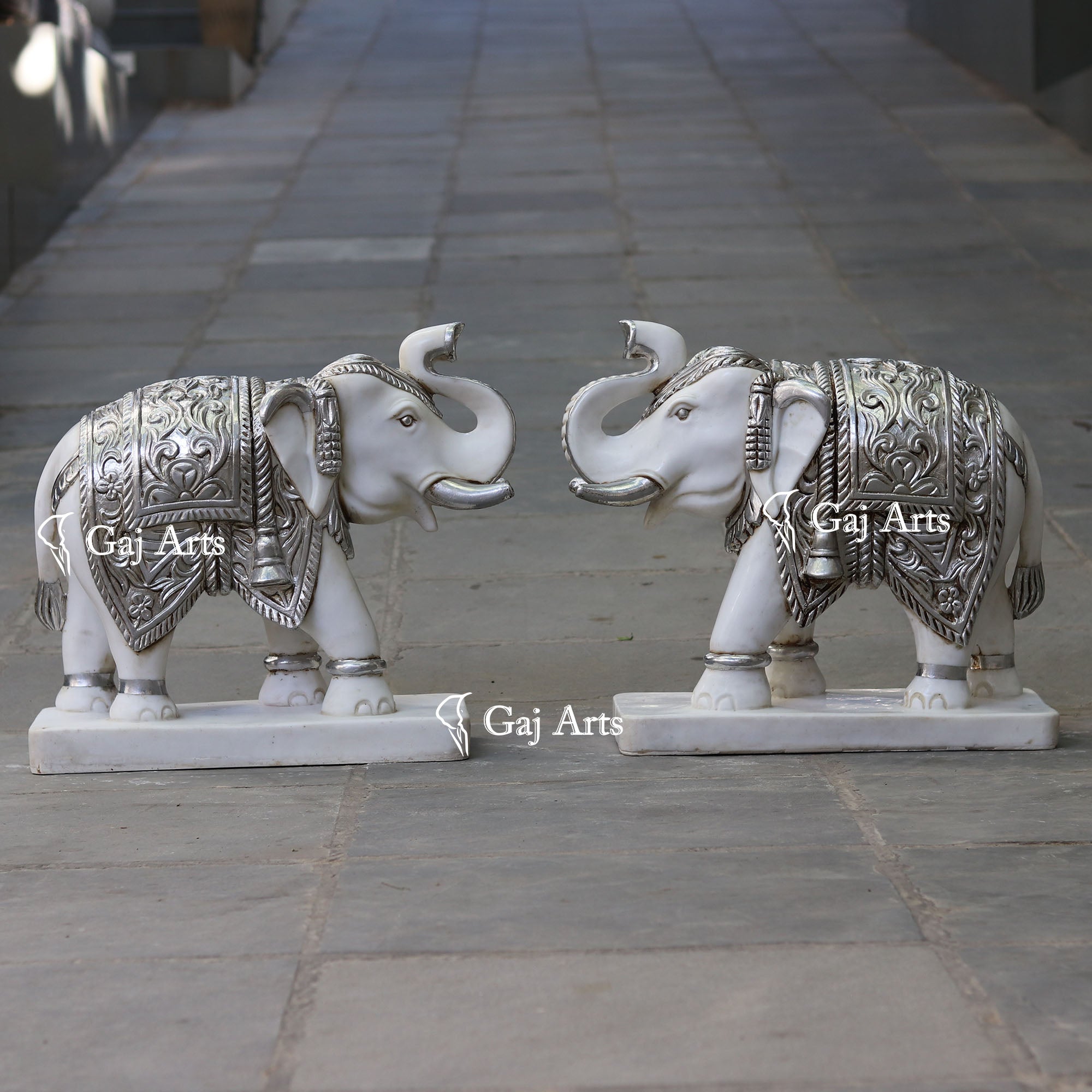 White Marble Korean Silver Elephant Statue | 24 Inch