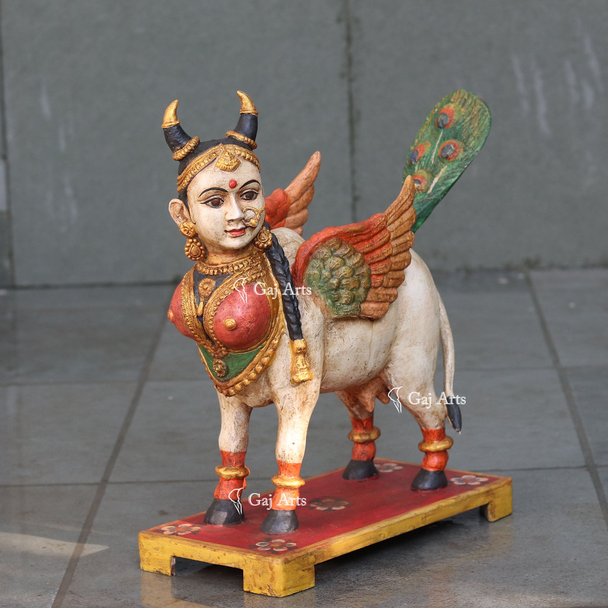 Antique Finish Wooden Kamdhenu Cow Idol | 18 Inch