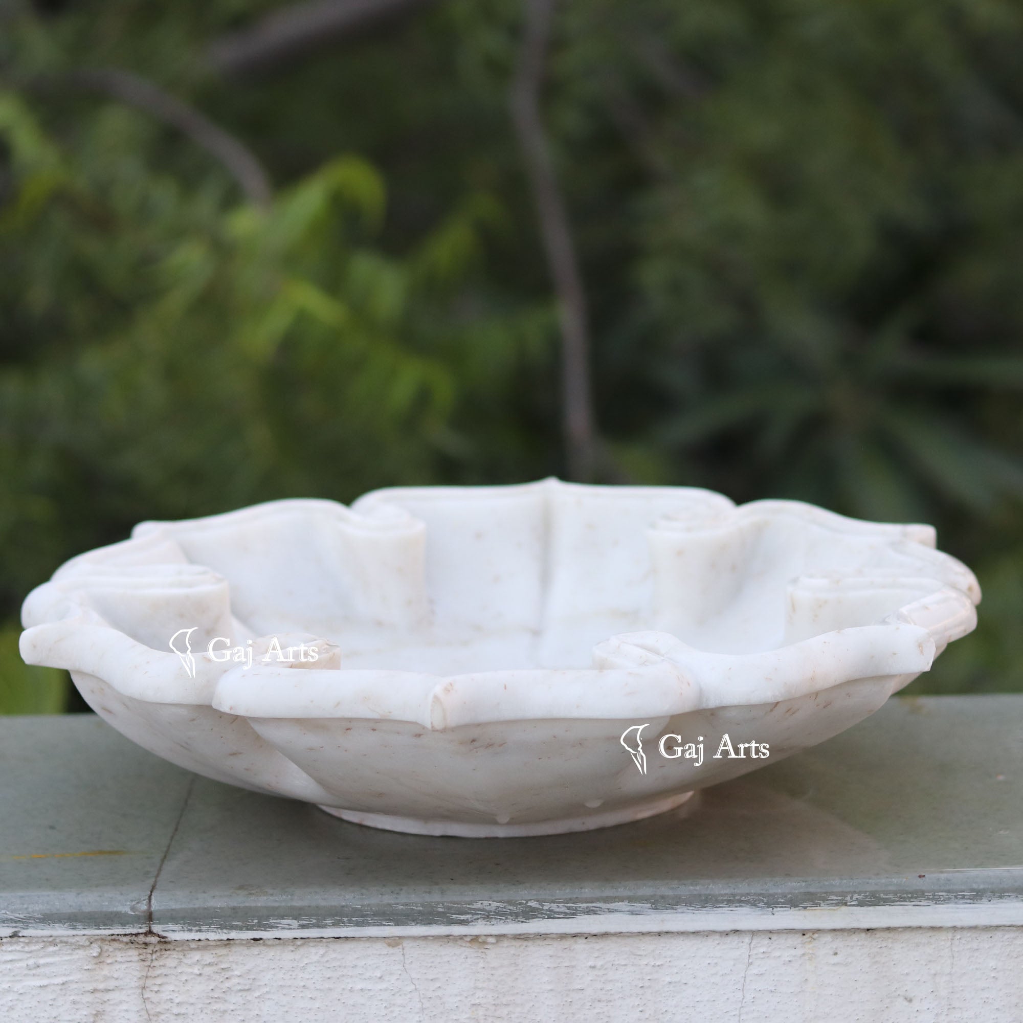 Rajasthan White Marble Flower Uruli | 15 Inch