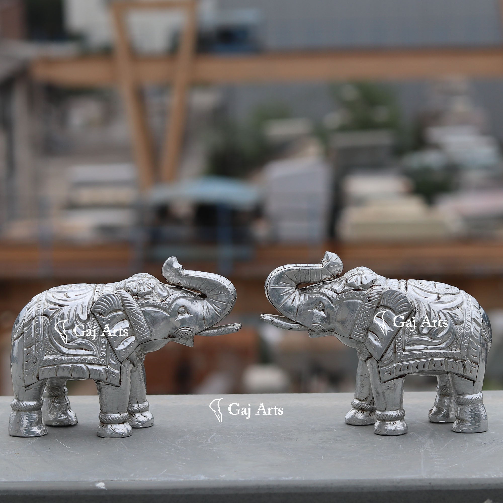 Wooden Elephant Statue with Silver Metal Work | 6 Inch