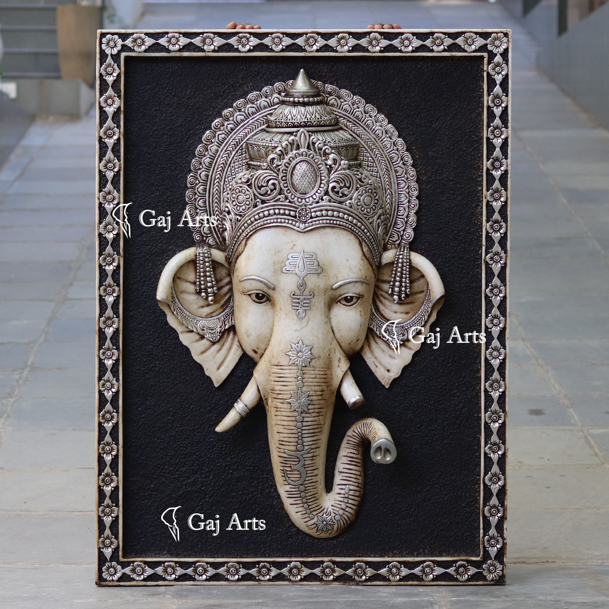 White Marble Ganpati Wall Panel Silver Art | 48 Inch