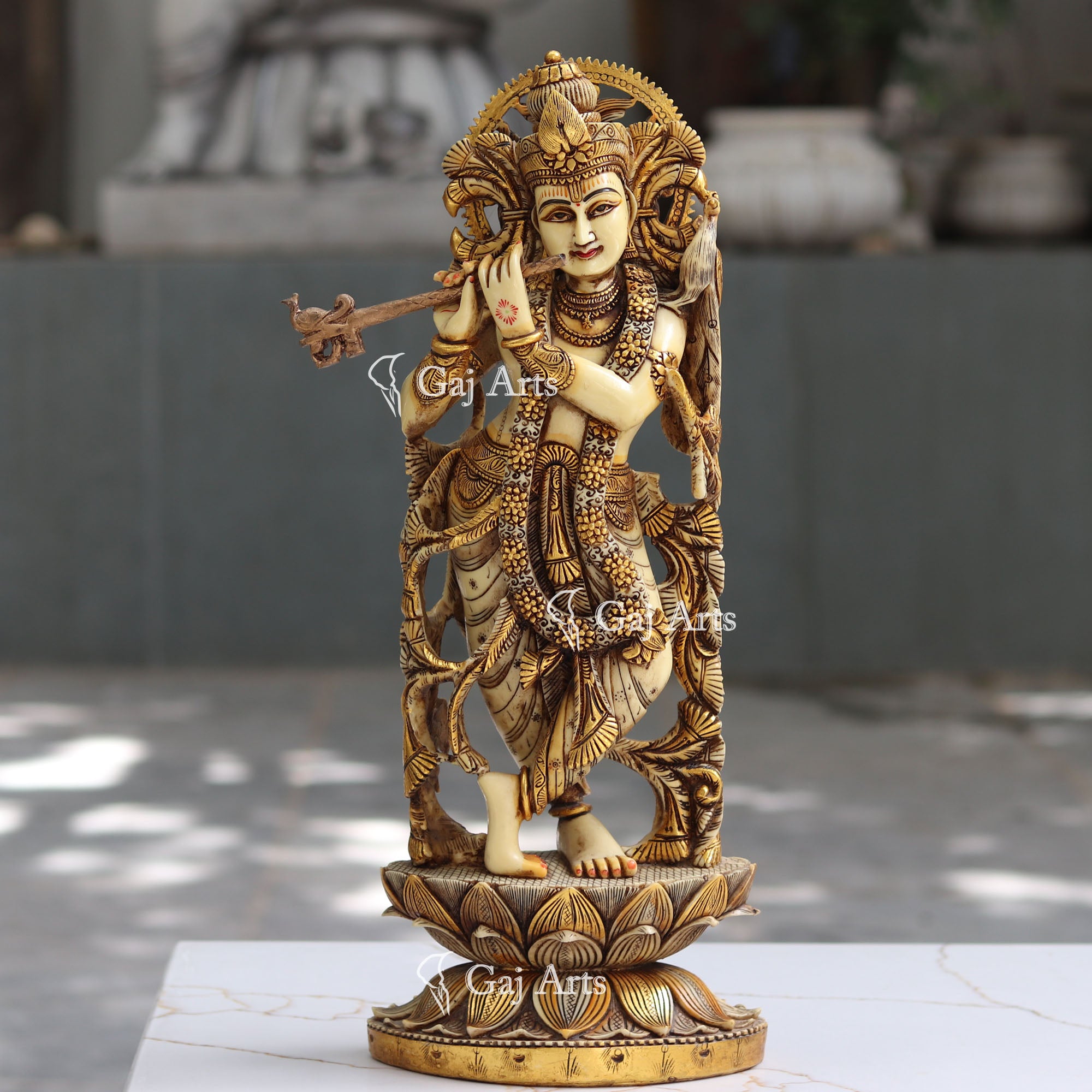 Marble Powder Antique Finish Krishna Statue | 21 Inch