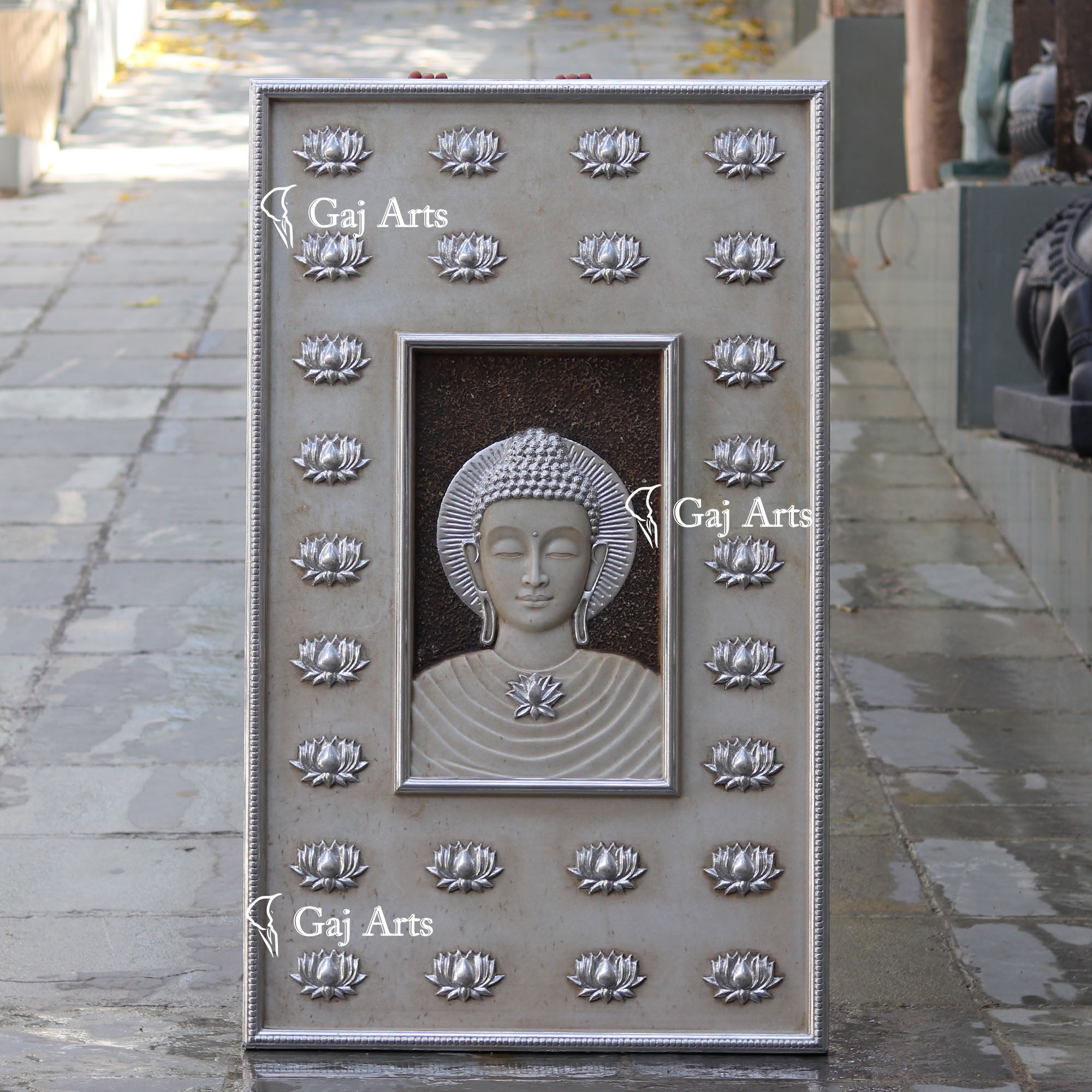 White Antique Finish Marble Buddha Wall Panel | 54 Inch