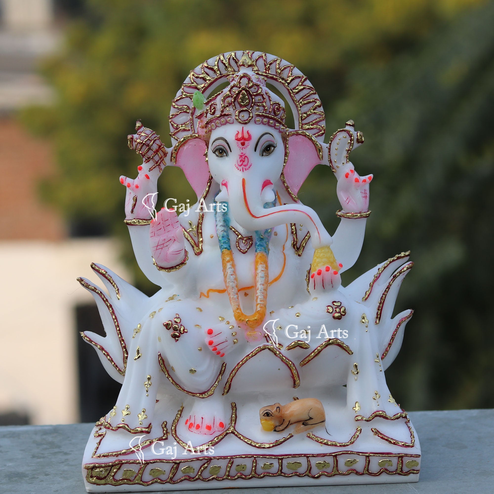 White Marble Ganesh Statue on Lotus | 9 Inch