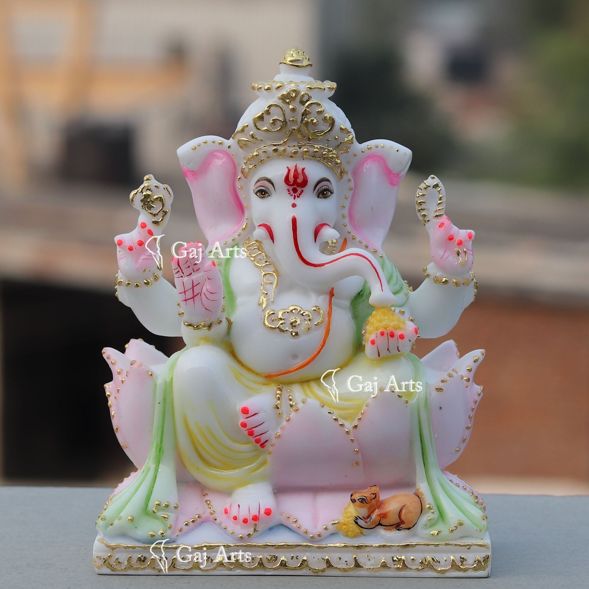 Hand Painted Marble Ganesh Murti | 7 Inch