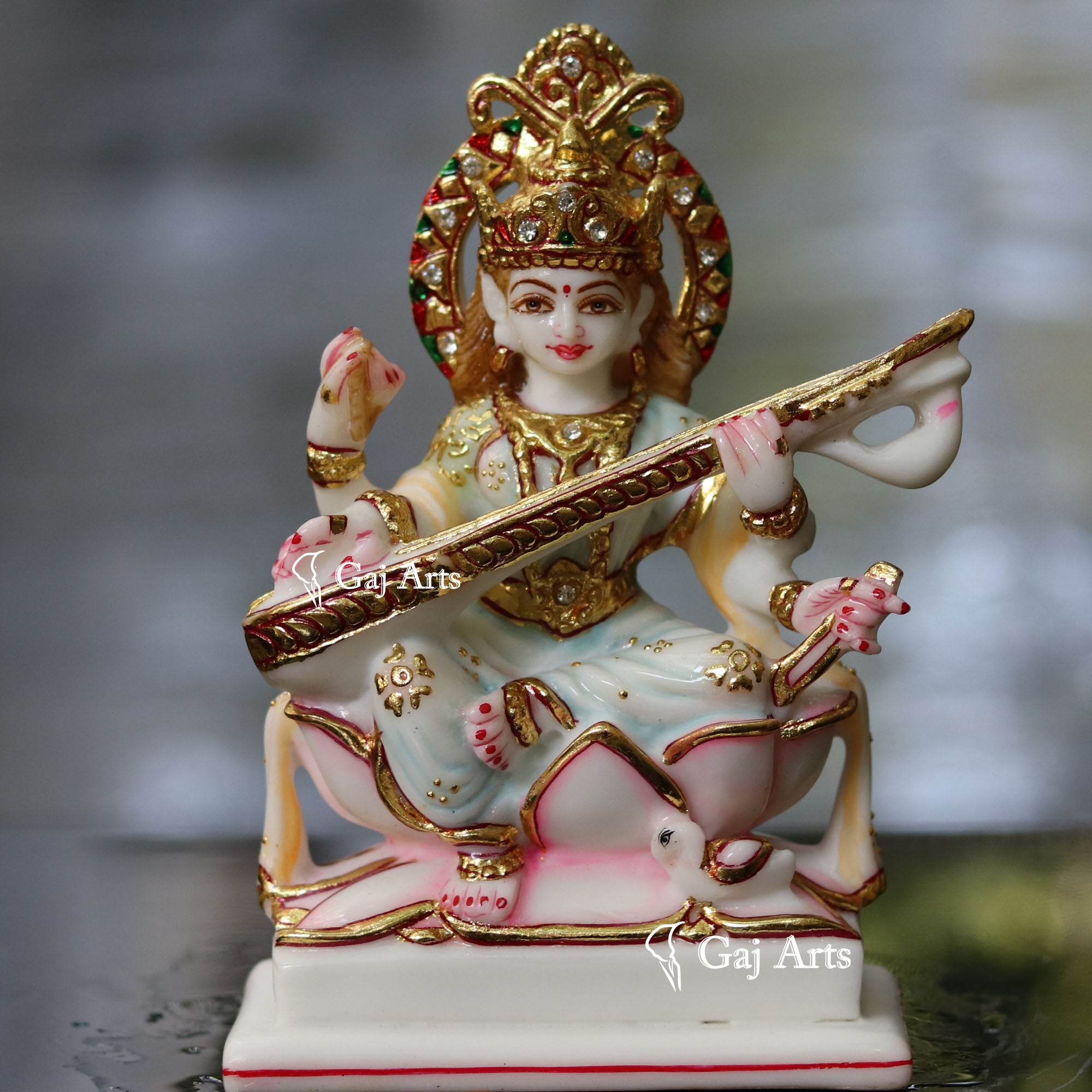 White Marble Saraswati Maa Idol | 8 Inch