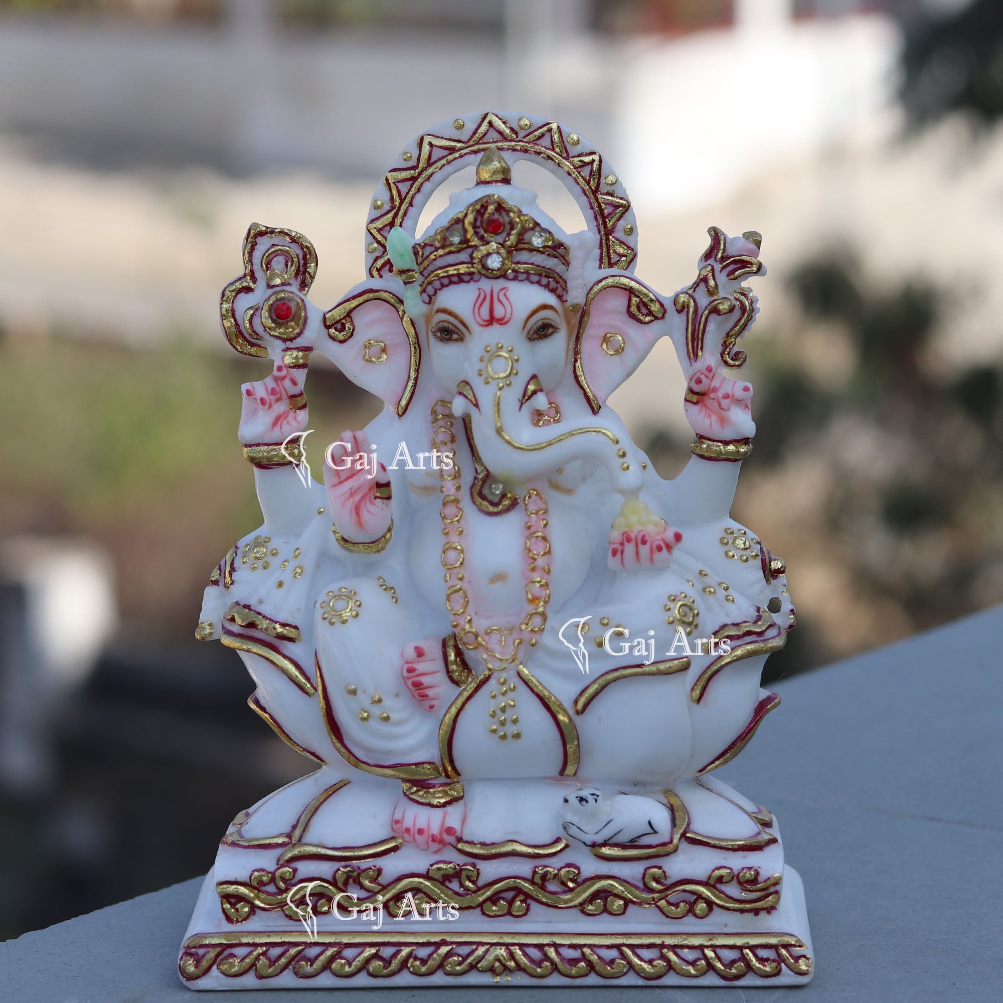 Marble Ganesh Idol with Gold Detailing | 7 Inch