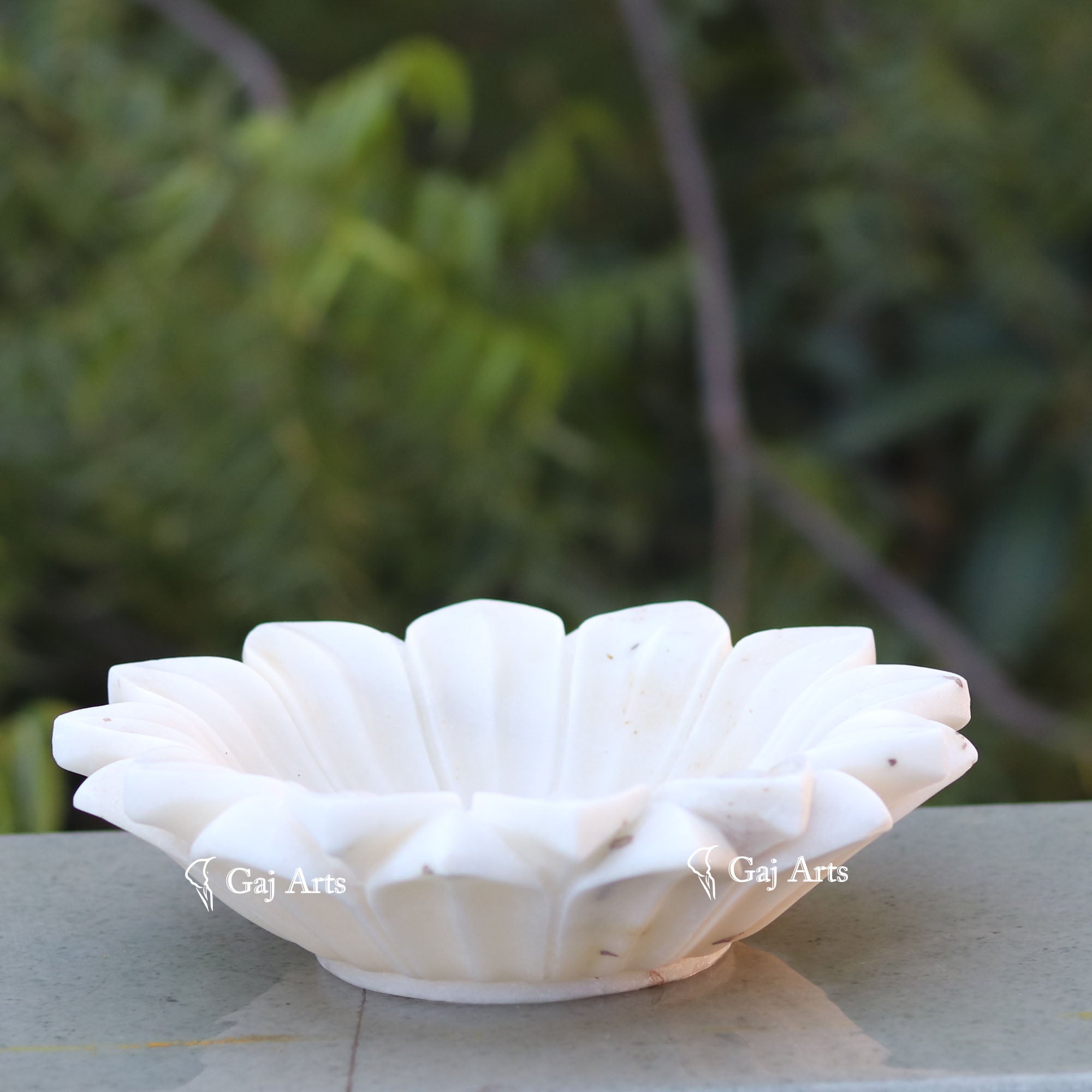 Rajasthan White Marble Small Flower Uruli | 9 Inch