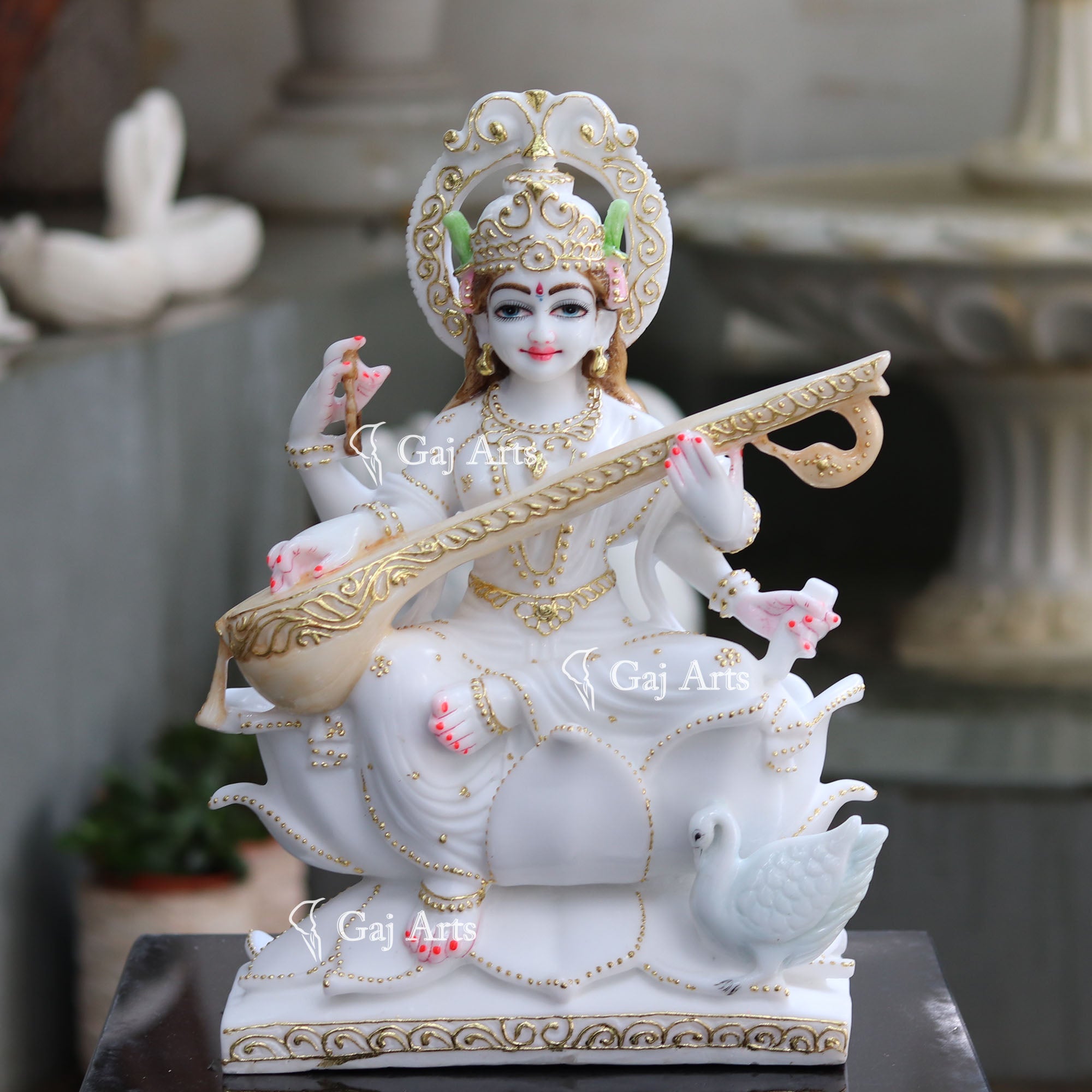 White Marble Saraswati Mata Statue | 18 Inch