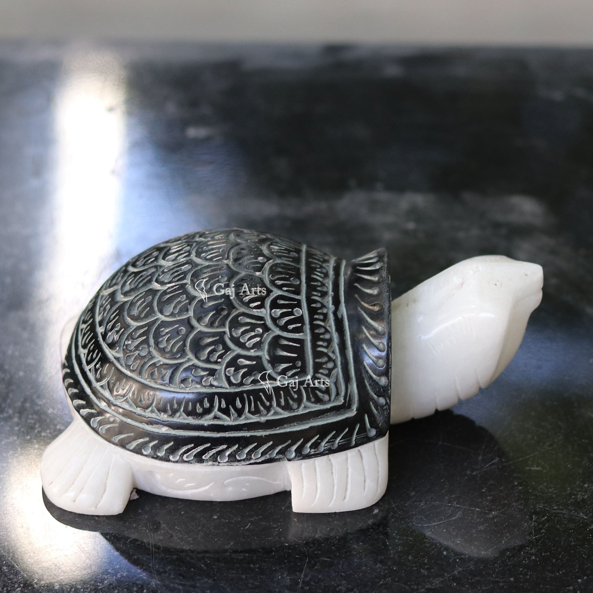 White & Black Marble Kachua Tortoise Statue | 5 Inch