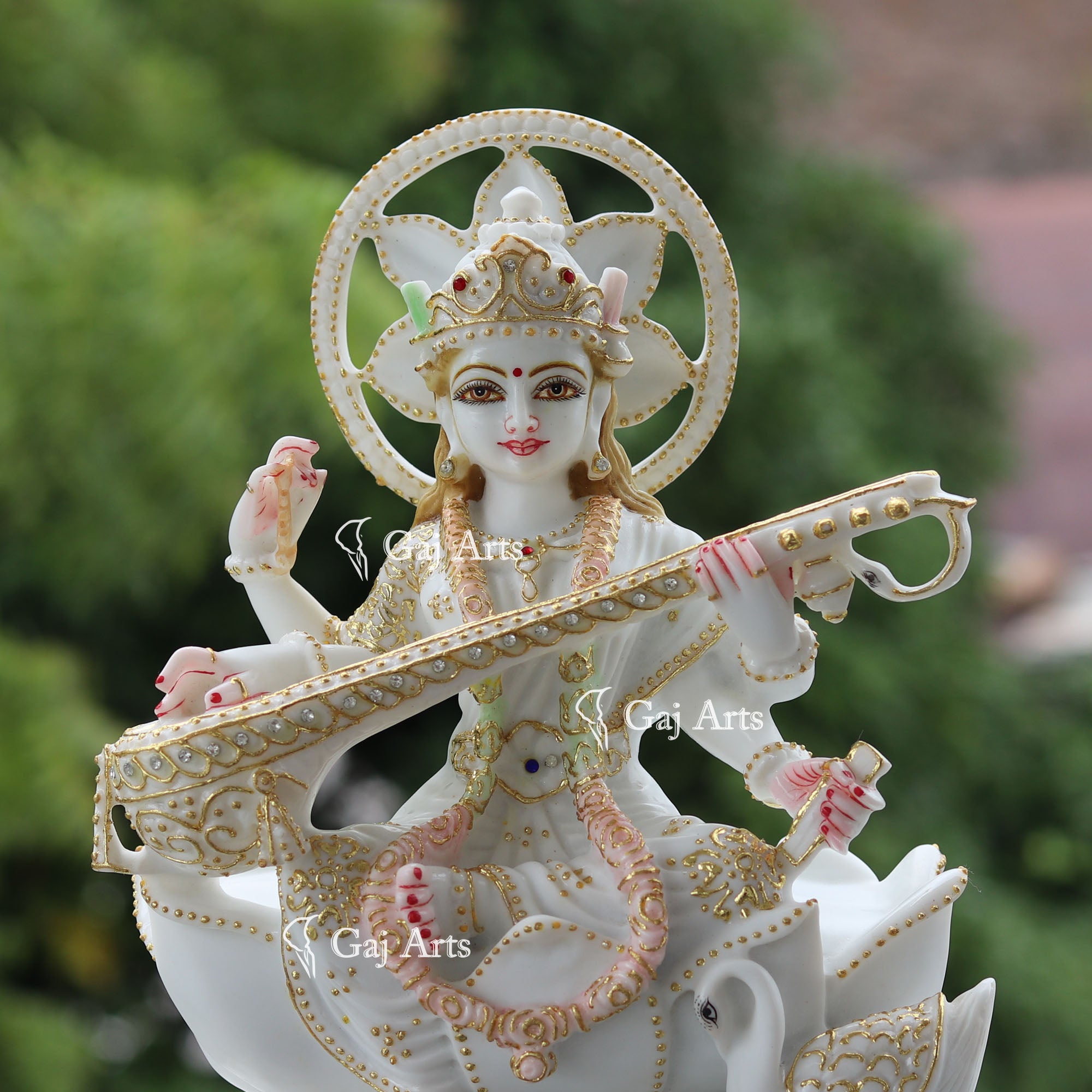 White Marble Saraswati Mata Statue | 12 Inch