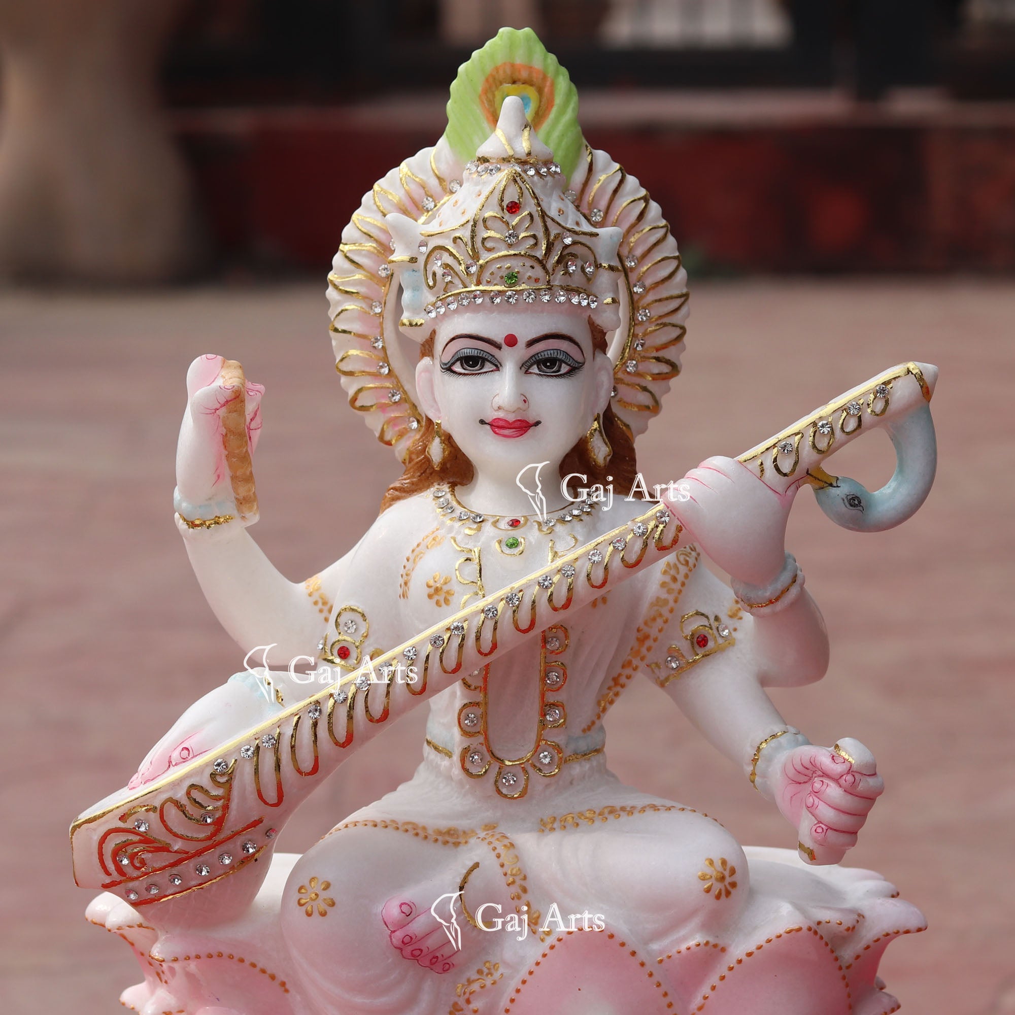 White Marble Saraswati Mata Idol | 15 Inch
