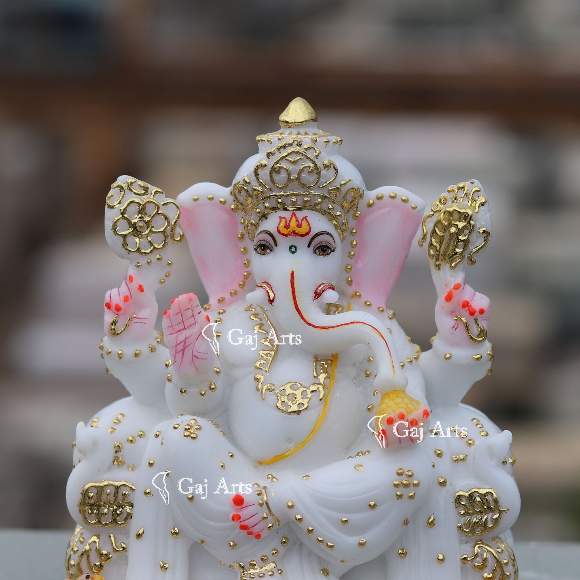 Marble Ganpati Idol with Gold Accents | 7 Inch
