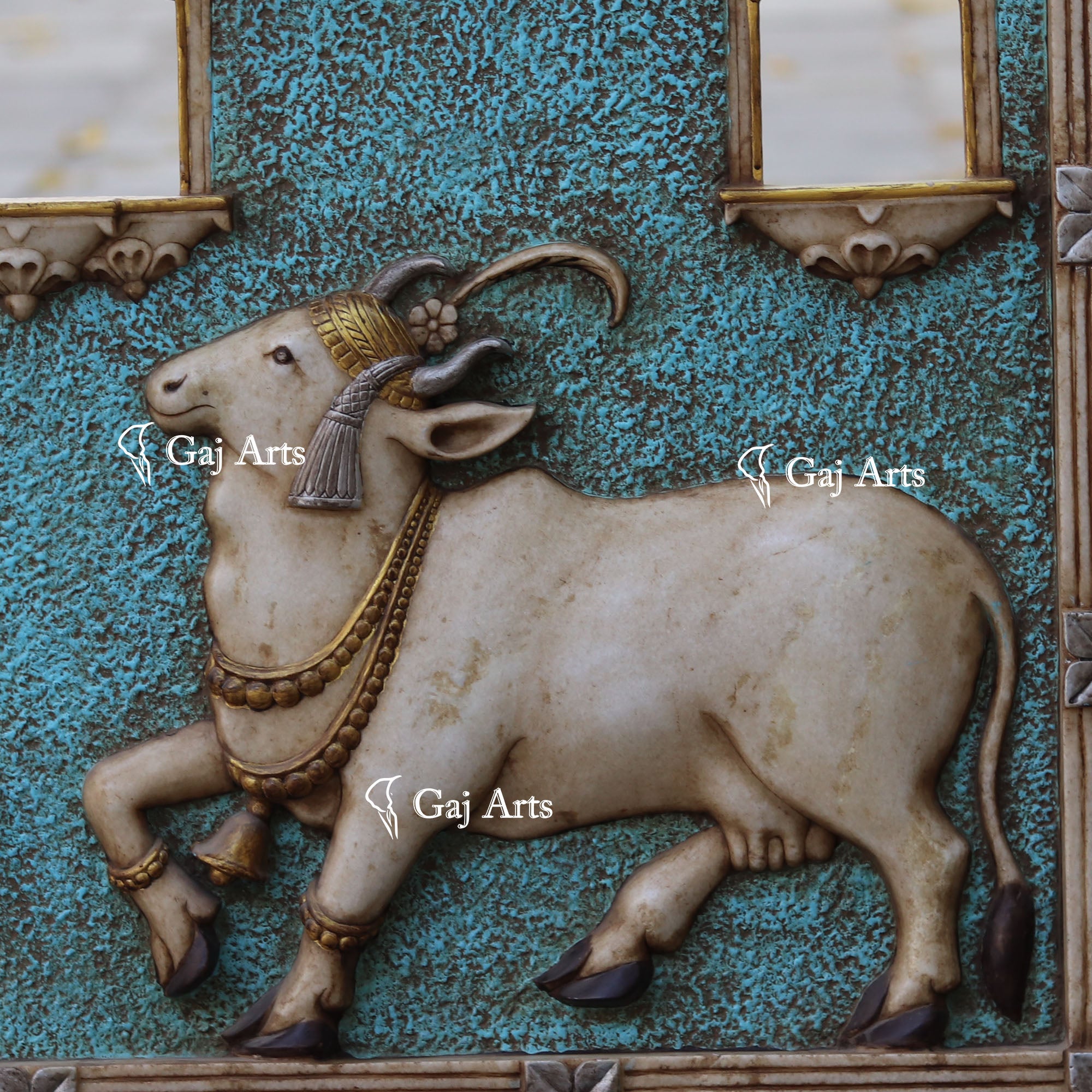 White Marble Jharokha with Cow Sculpture | 40 Inch