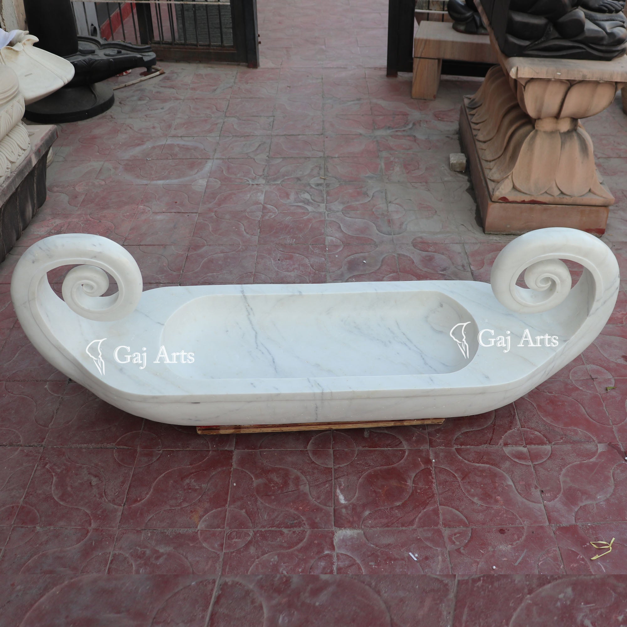 White Satwariya Marble Boat Sculpture | 72 Inch