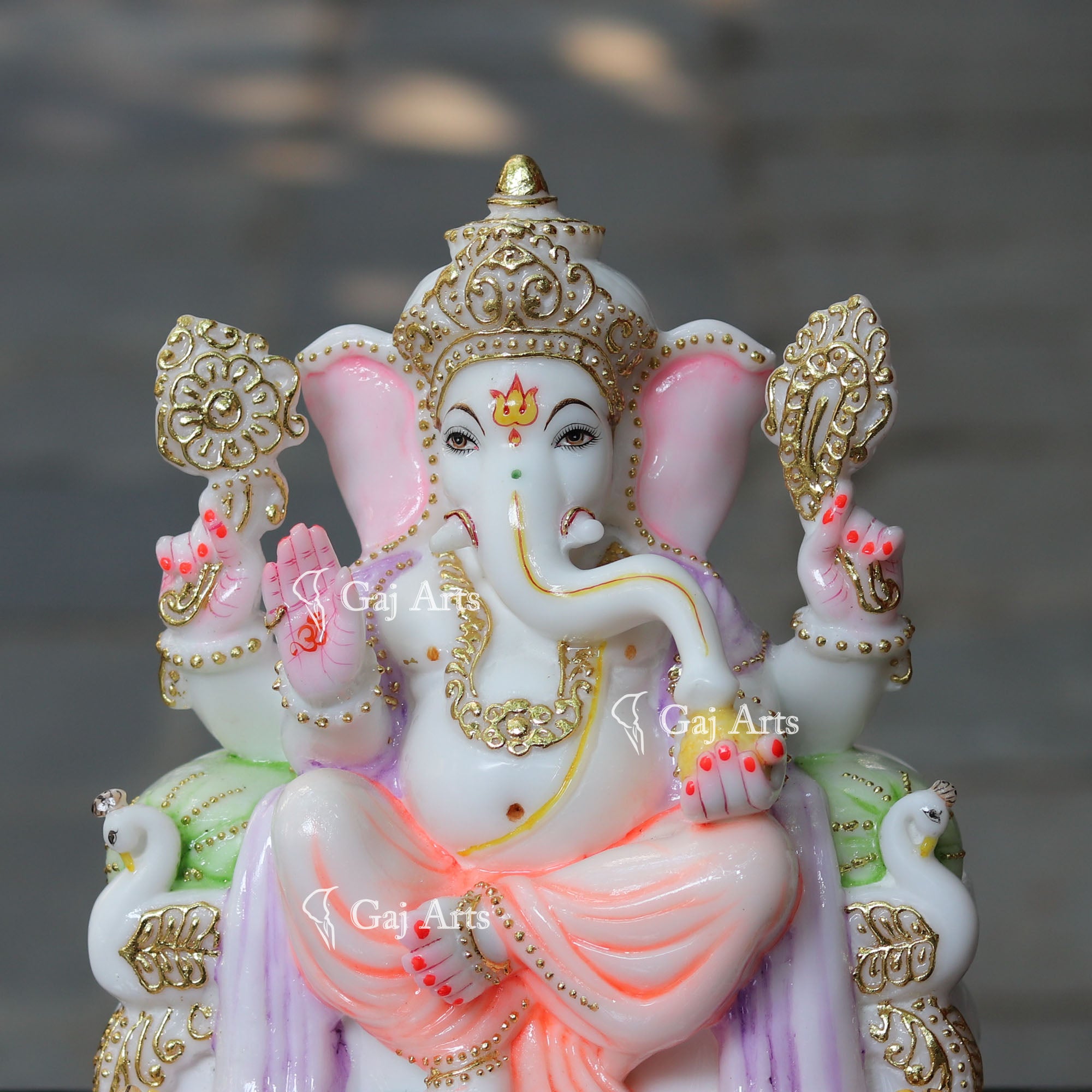 White Marble Ganpati Idol on Singhasan | 12 Inch