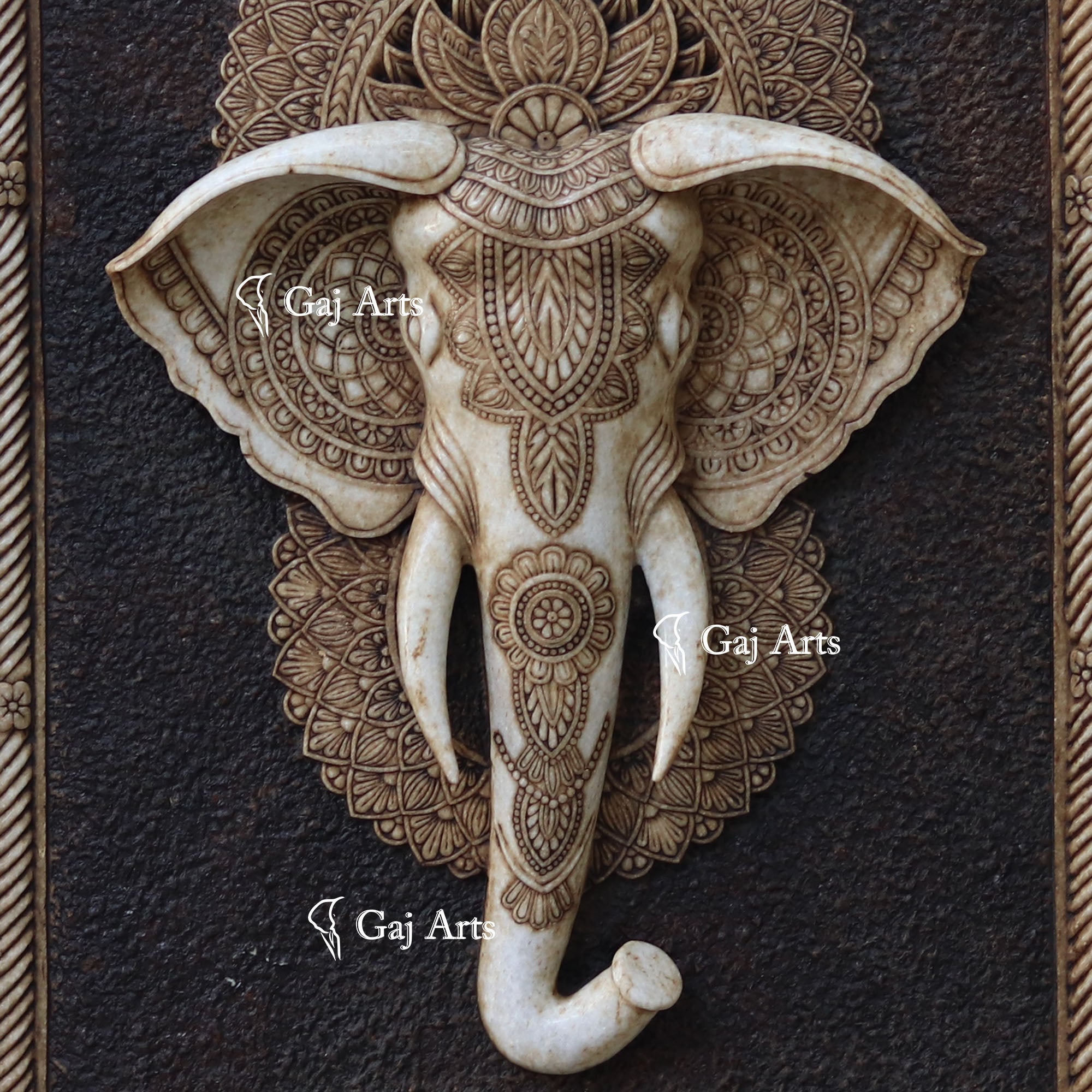 White Antique Finish Marble Elephant Face Wall Panel | 48 Inch