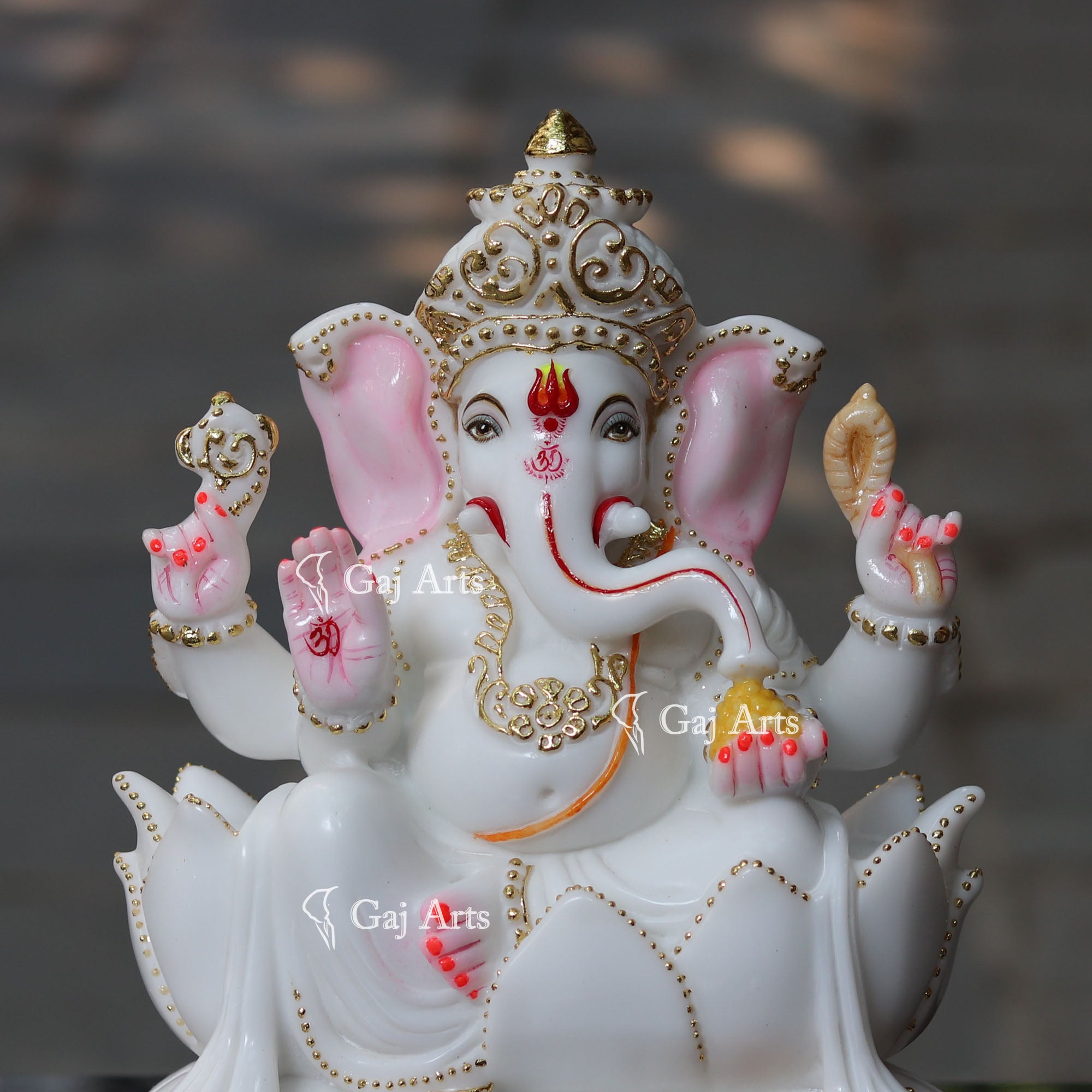 Marble Ganesh Statue on Lotus | 12 Inch