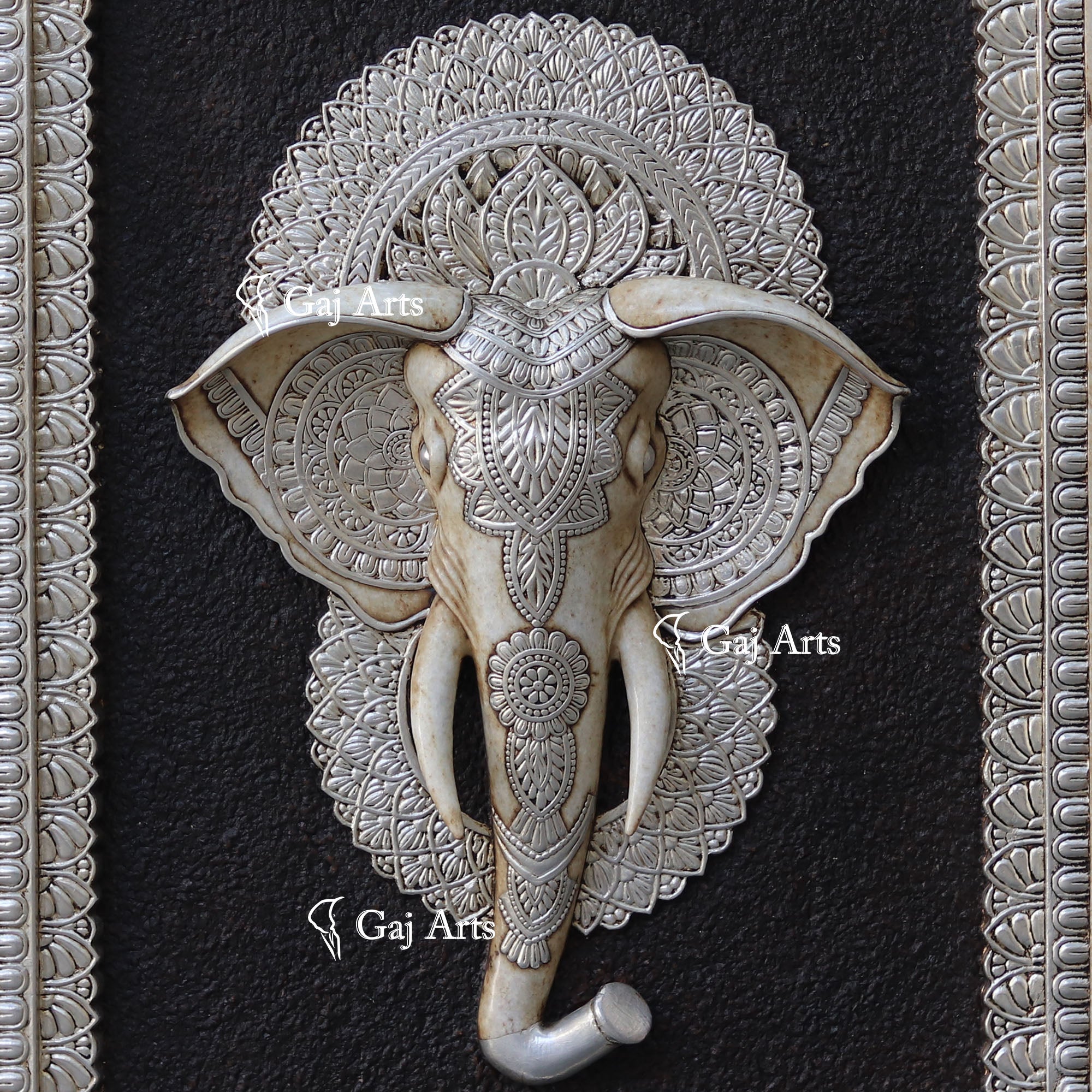 White Antique Finish Marble Elephant Face Wall Panel Silver Art | 48 Inch