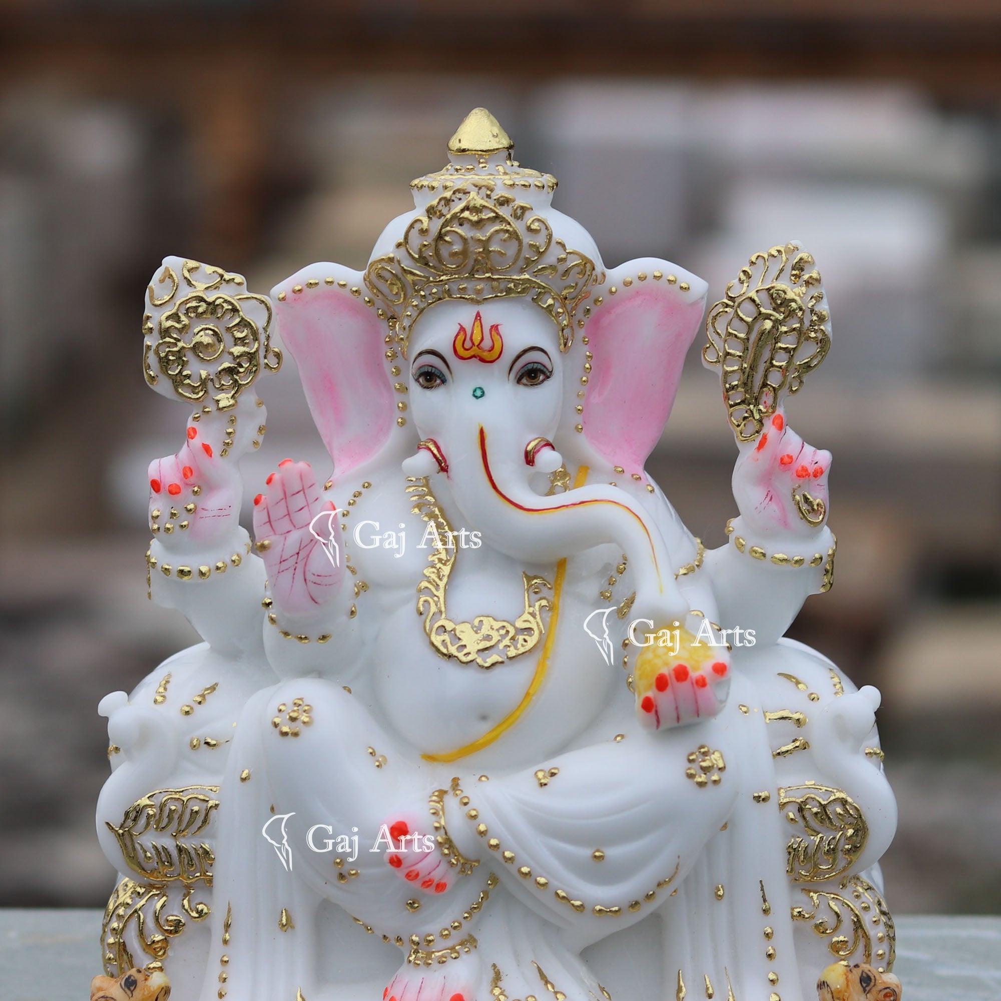 Marble Ganesh Idol with Gold Detailing | 9 Inch