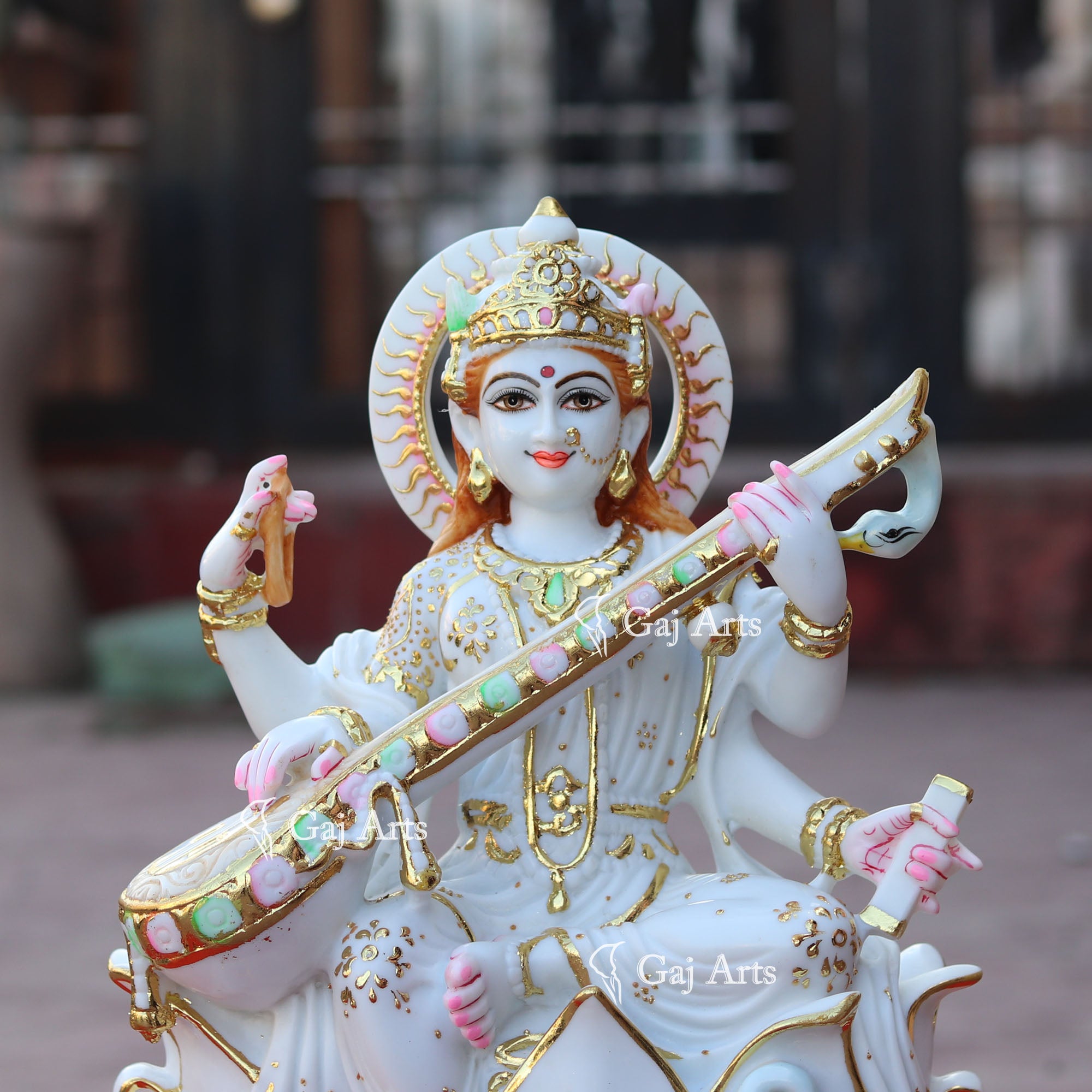 White Marble Saraswati Mata Idol | 18 Inch