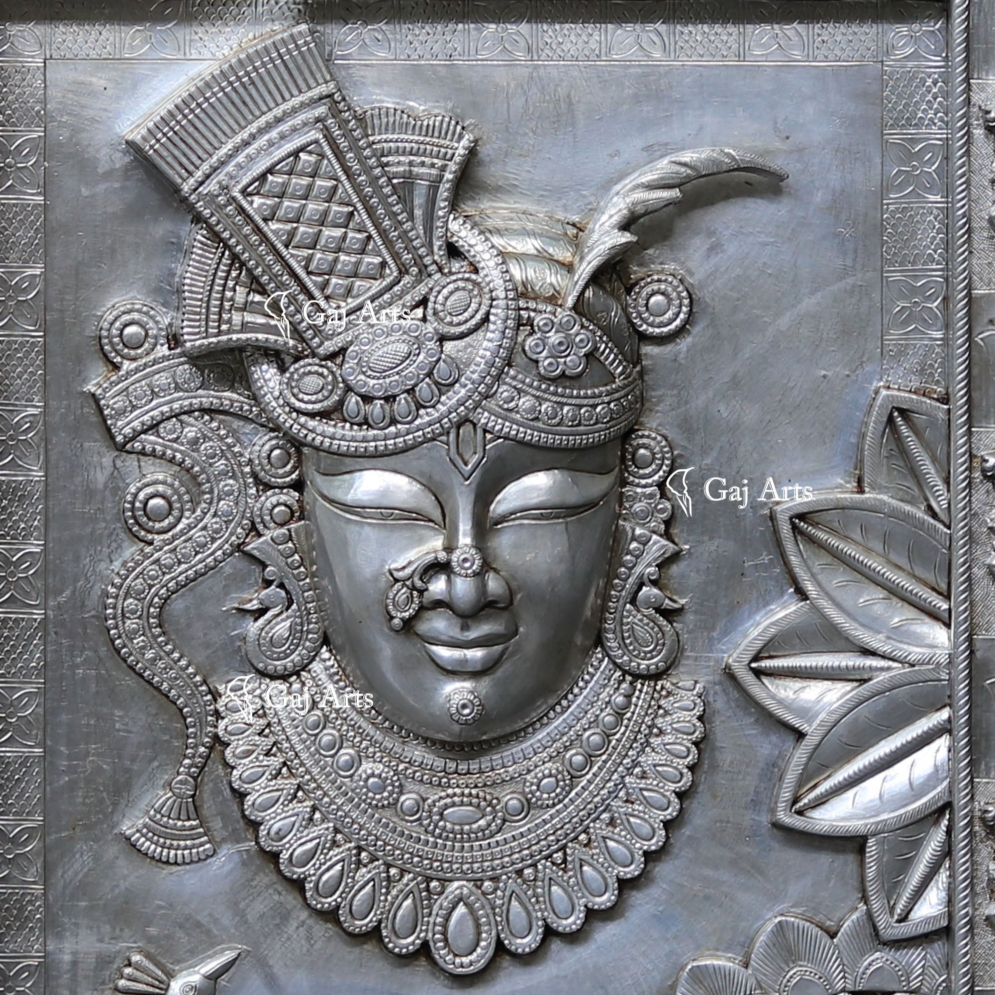 Wooden Shreenath Ji Wall Panel  Silver Art| 48 Inch