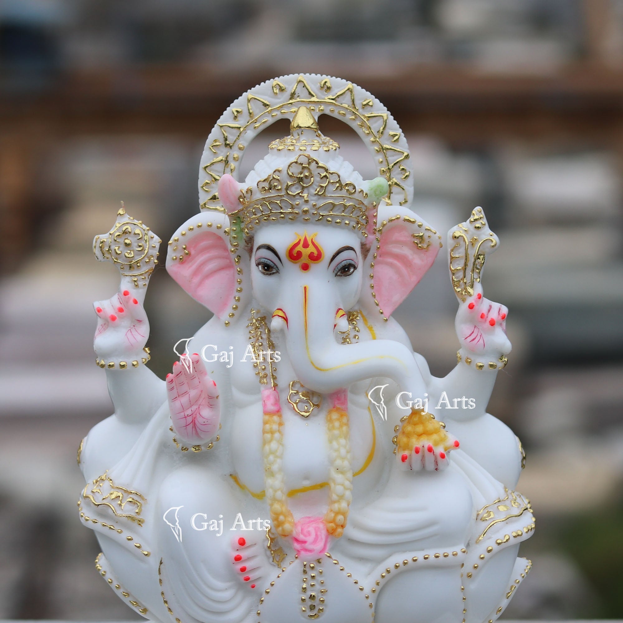 Marble Ganesh Idol on Lotus Base | 10 Inch