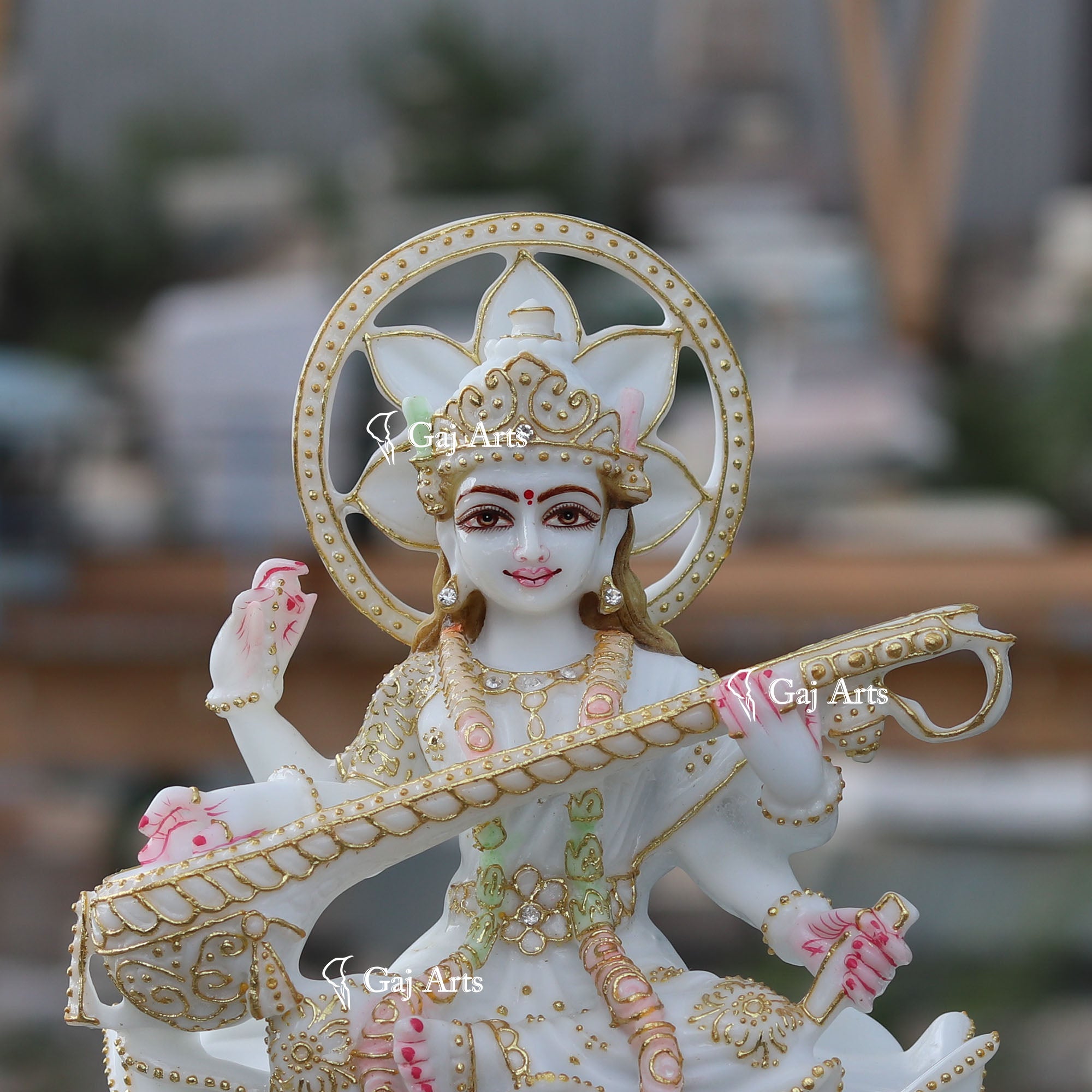 White Ethiopia Marble Saraswati Mata Statue | 12 Inch