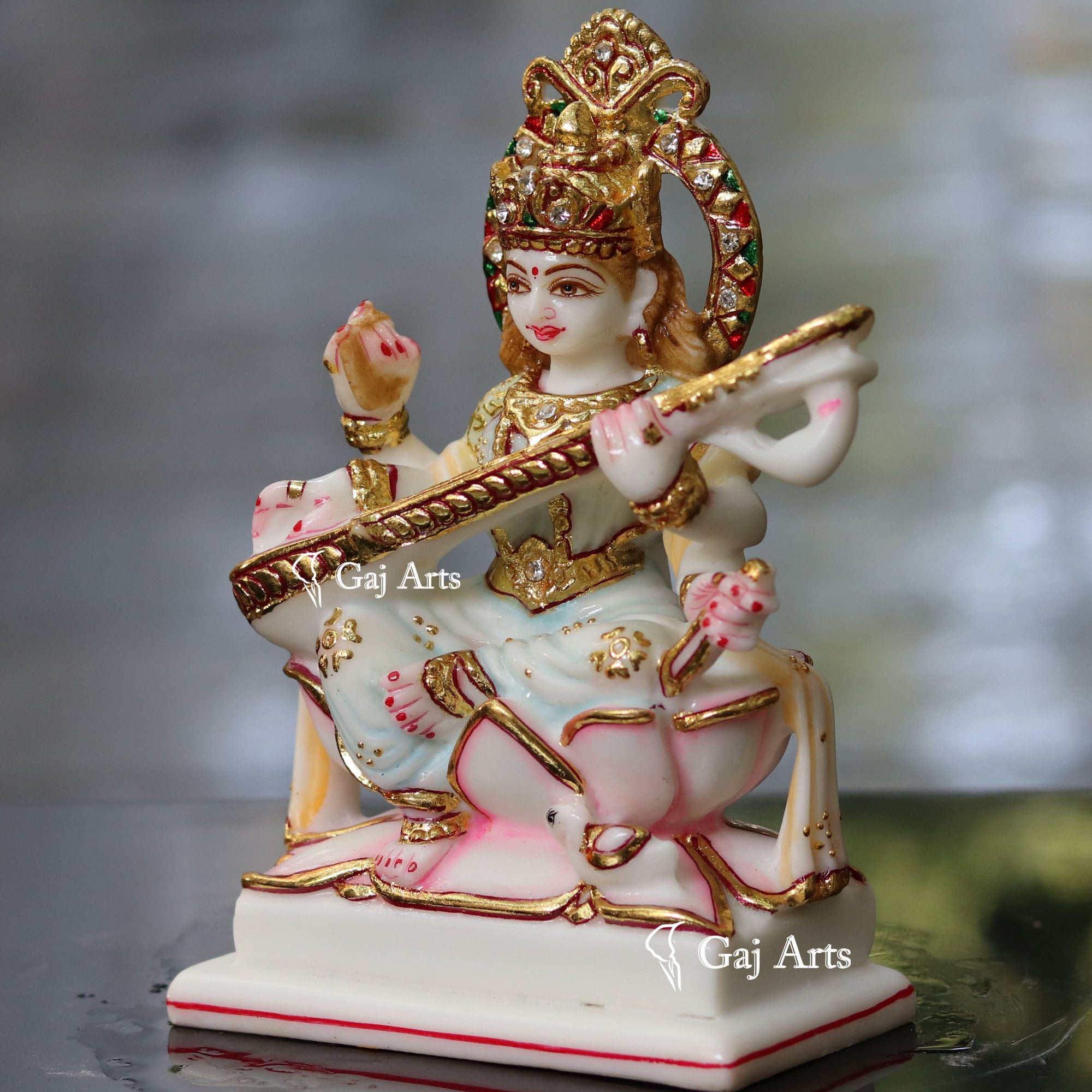 White Marble Saraswati Maa Idol | 8 Inch