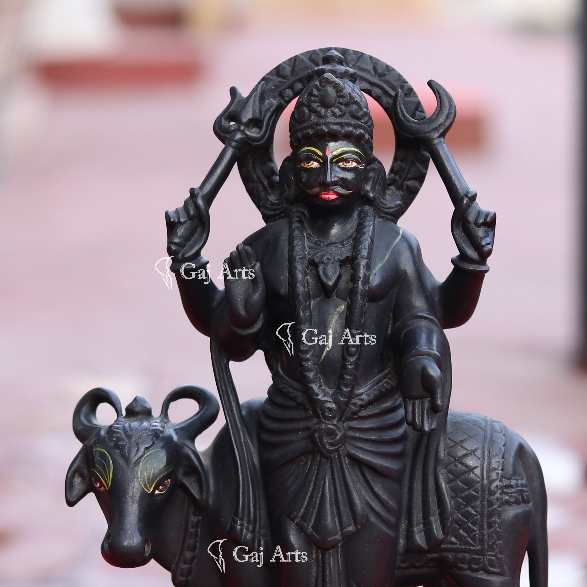 Rajasthan Black Marble Shani Dev Statue with Buffalo | 12 Inch