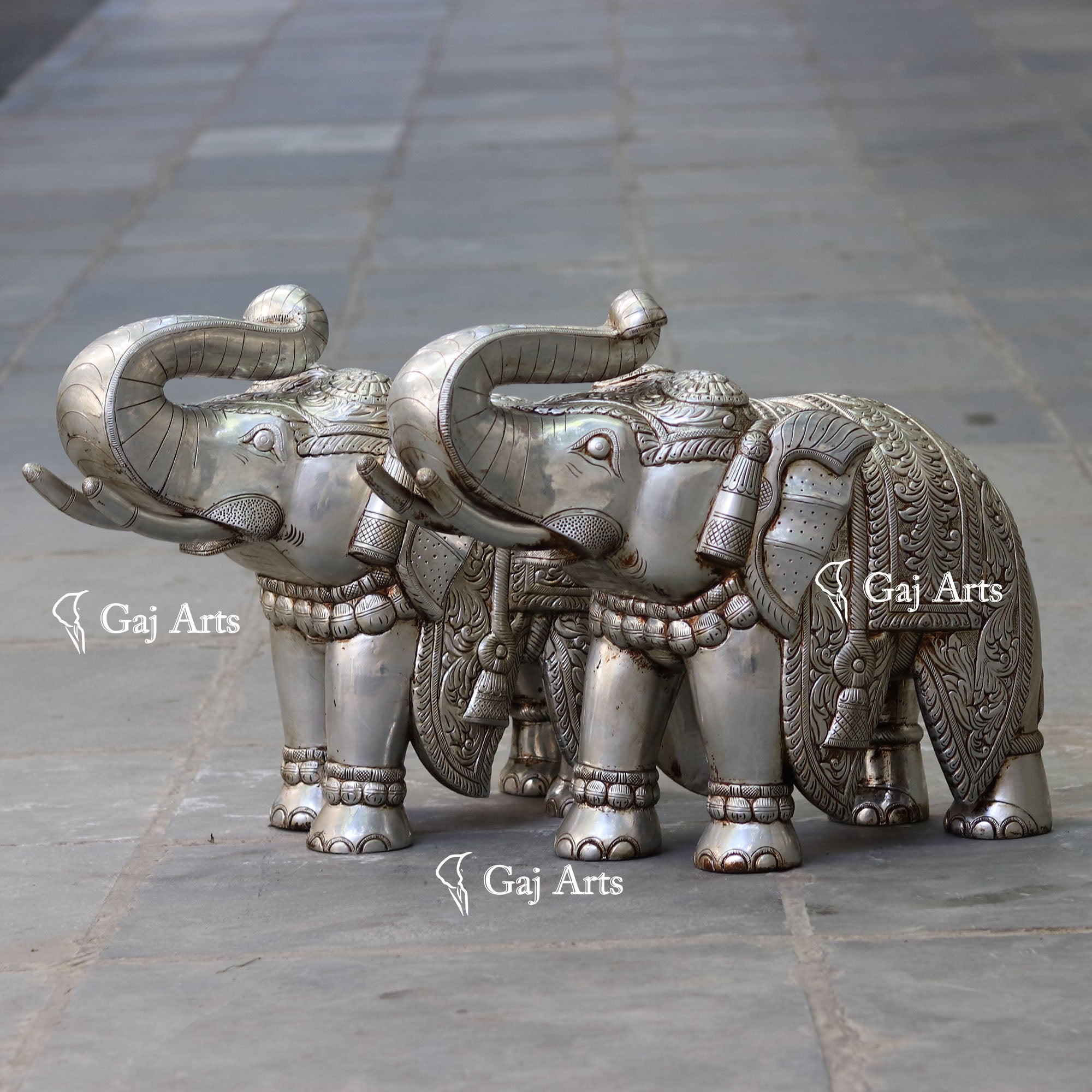 Wooden Elephant Statue with Silver Metal Work | 21 Inch