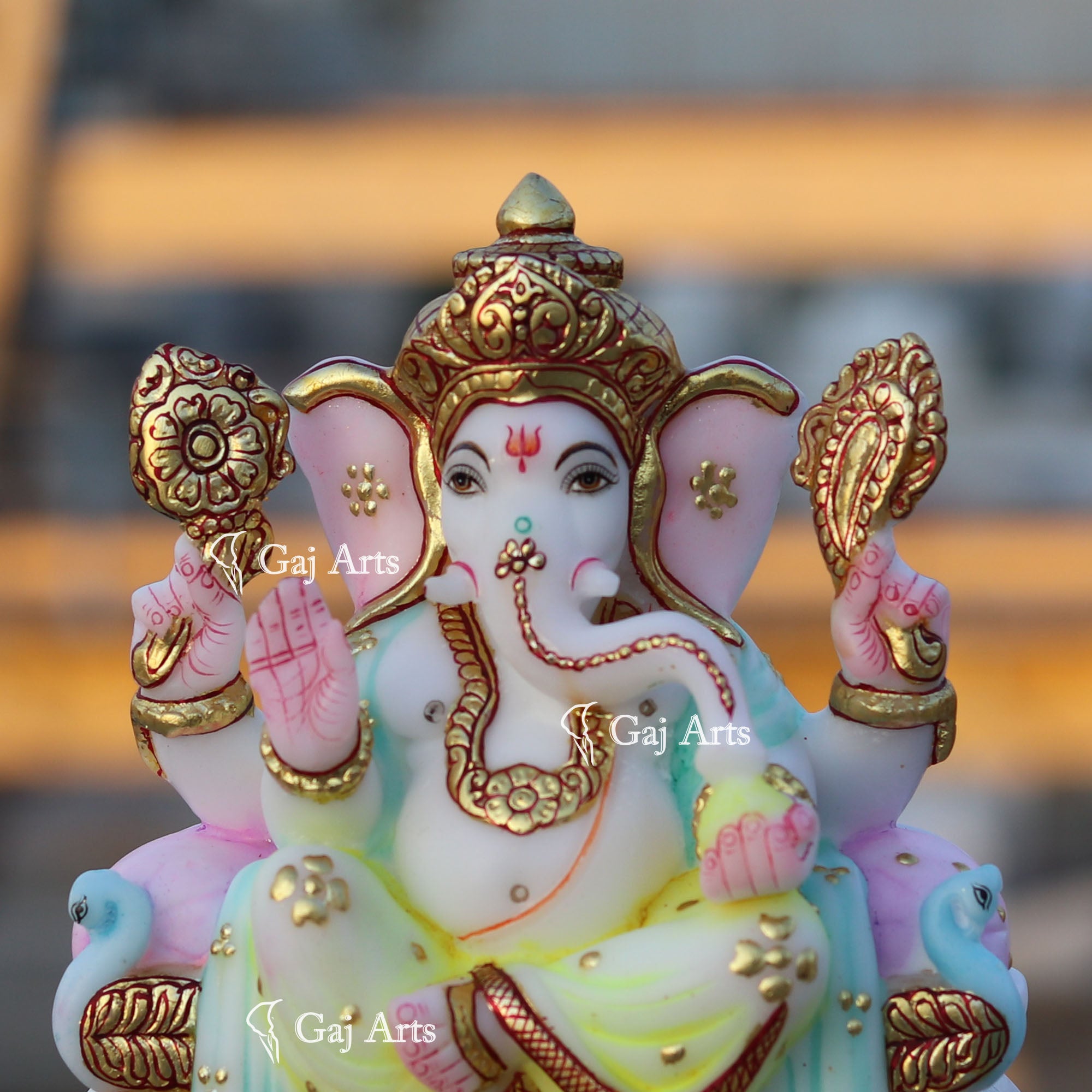 White Marble Ganesh Idol with Gold Work | 7 Inch