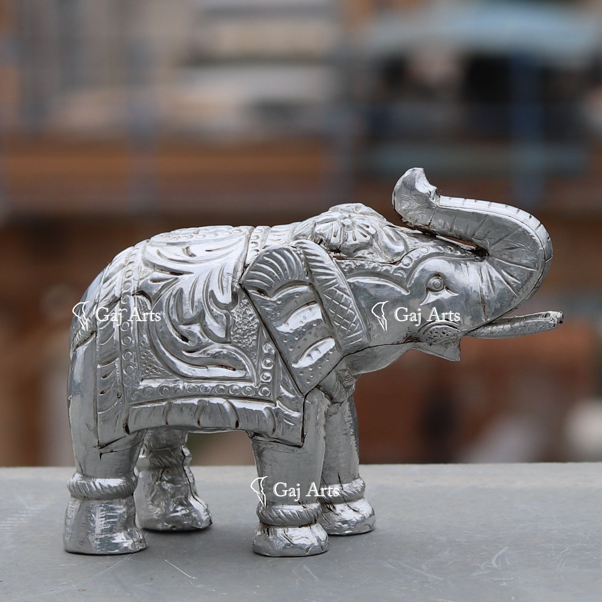 Wooden Elephant Statue with Silver Metal Work | 6 Inch