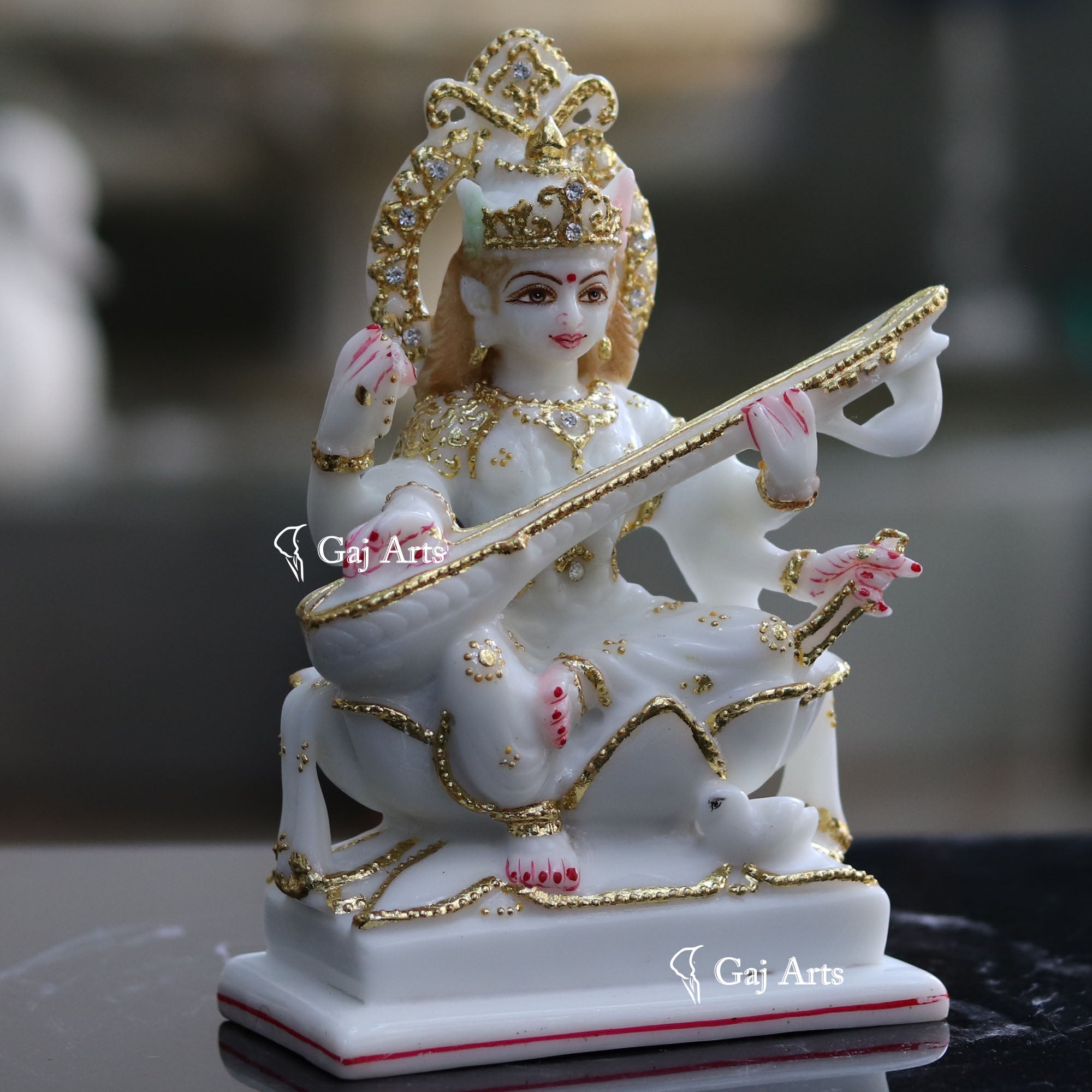 White Marble Saraswati Maa Statue | 8 Inch