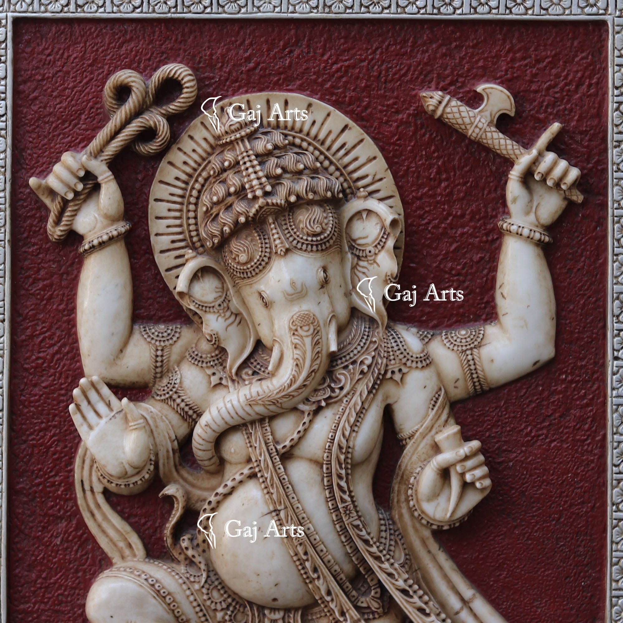 White Antique Finish Marble Dancing Ganpati Wall Panel | 60 Inch