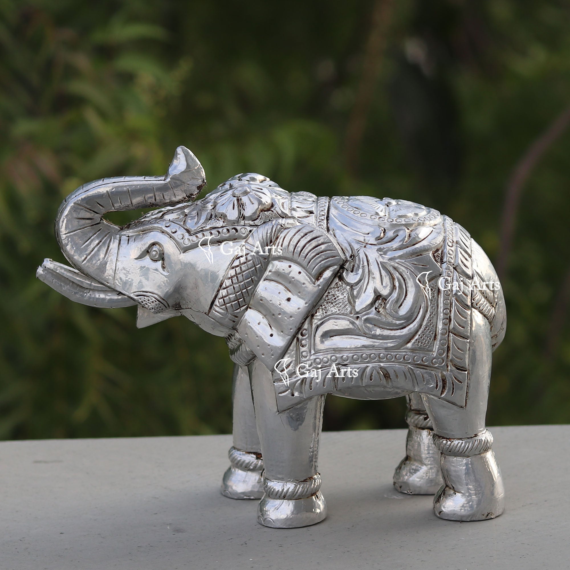 Wooden Elephant Statue with Silver Metal Work | 9 Inch