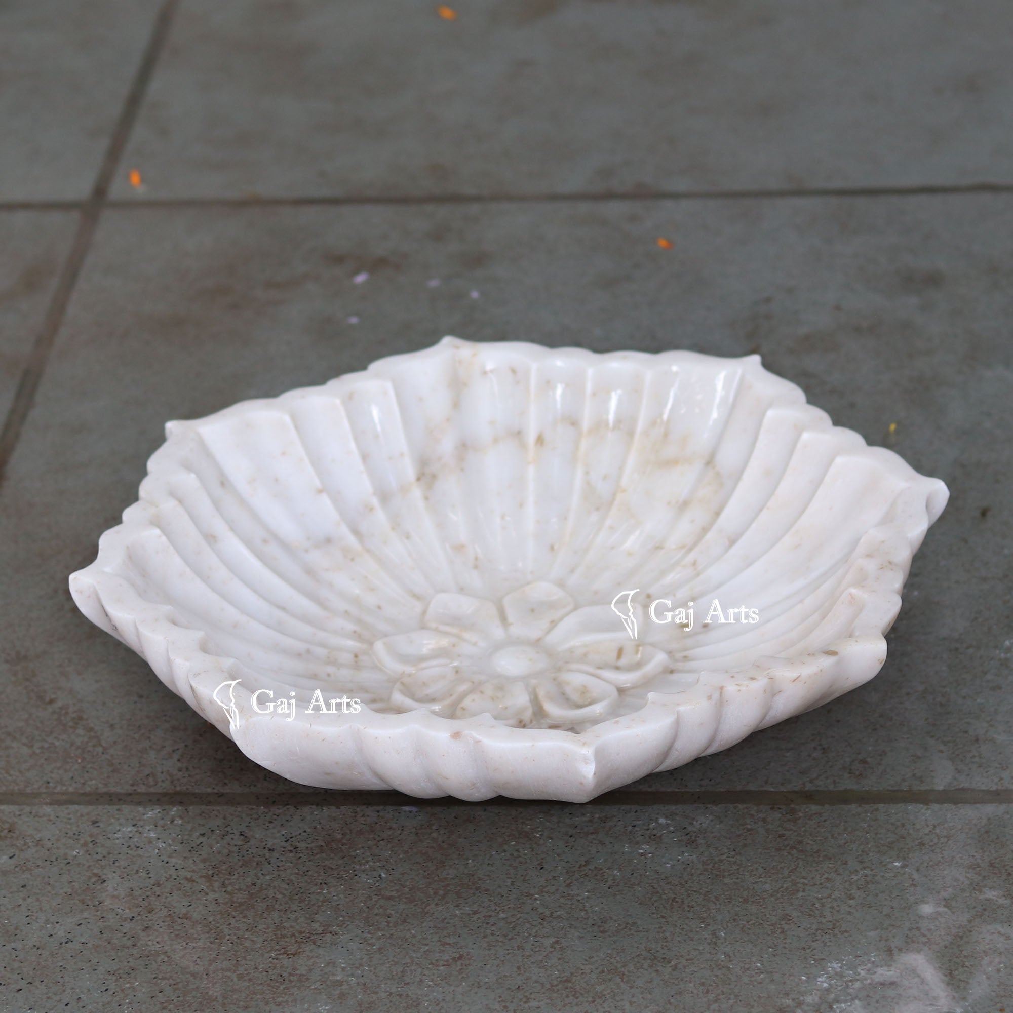 Rajasthan White Marble Floral Design Uruli | 15 Inch