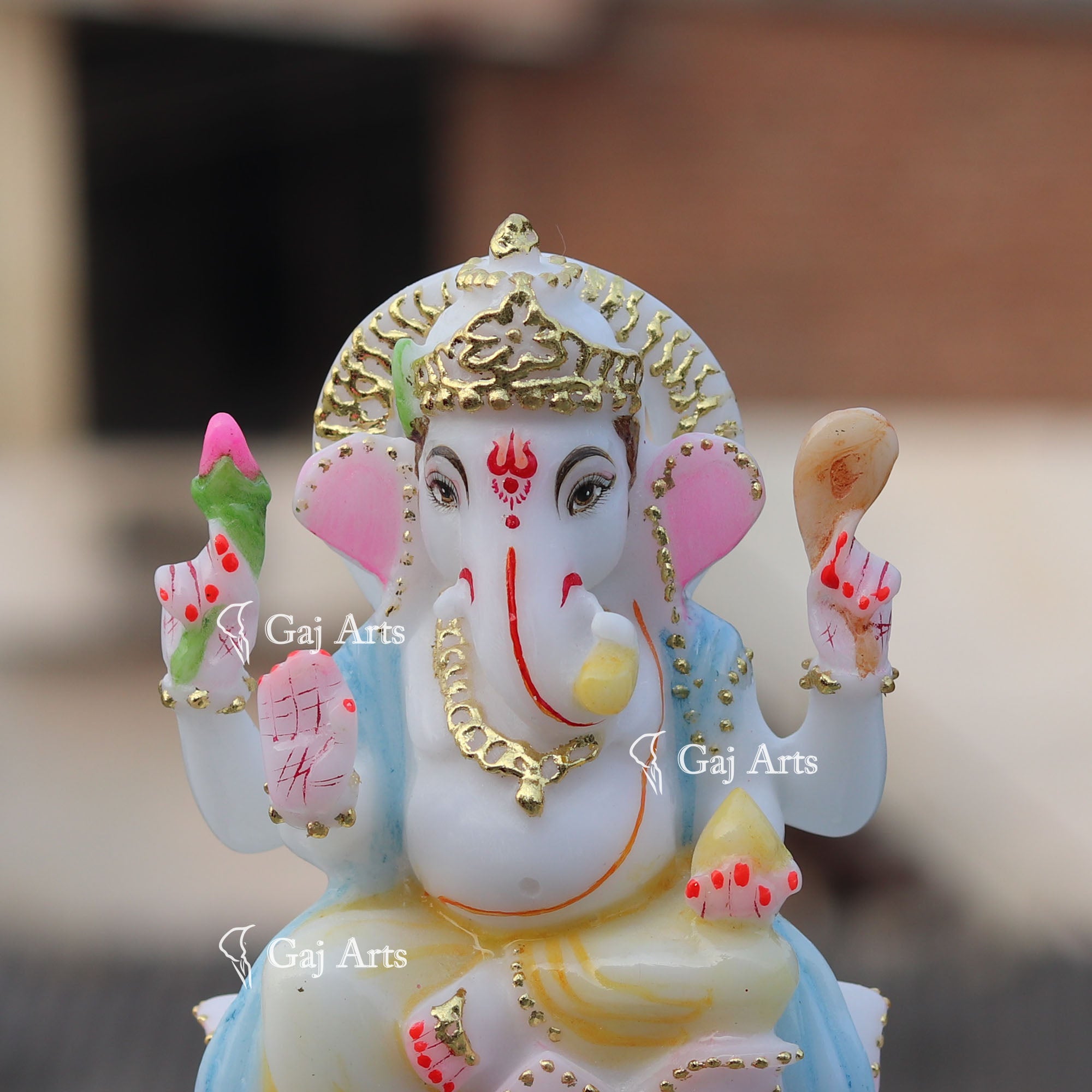 White Marble Ethiopia Ganpati Murti | 7 Inch Gold Foil Handcrafted