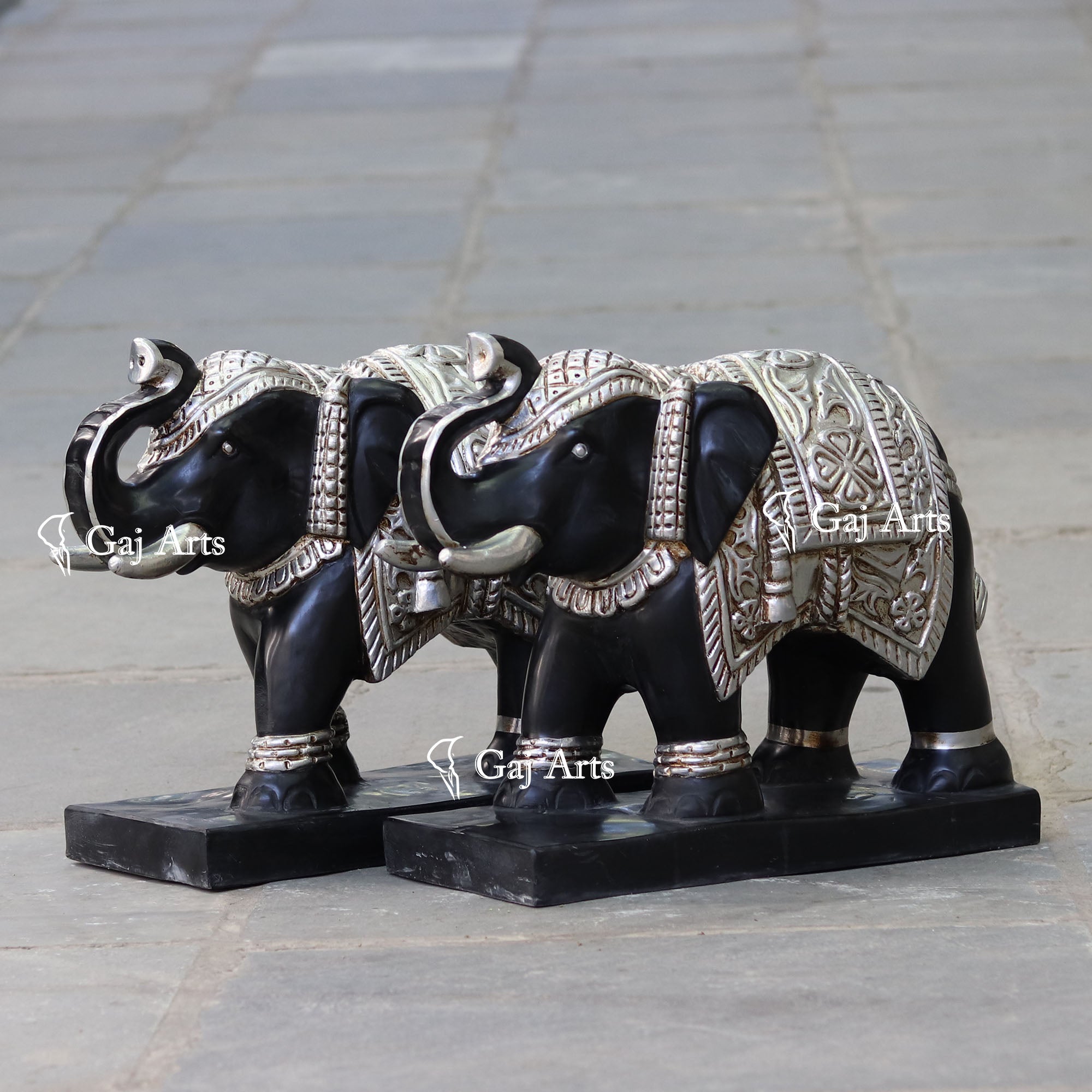 Black Marble Korean Silver Elephant Statue | 18 Inch
