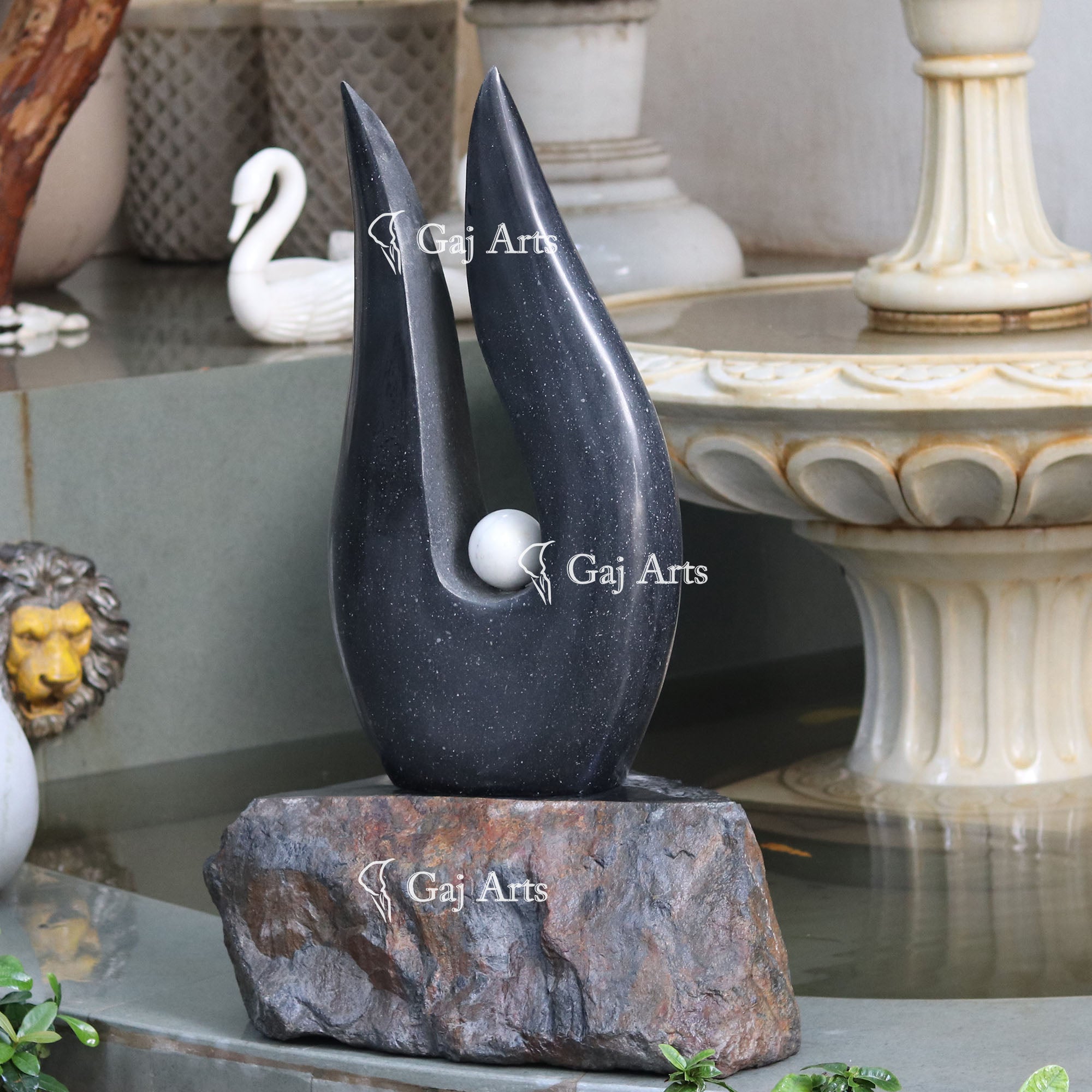 Black Granite Abstract Modern Sculpture with Sphere | 36 Inch