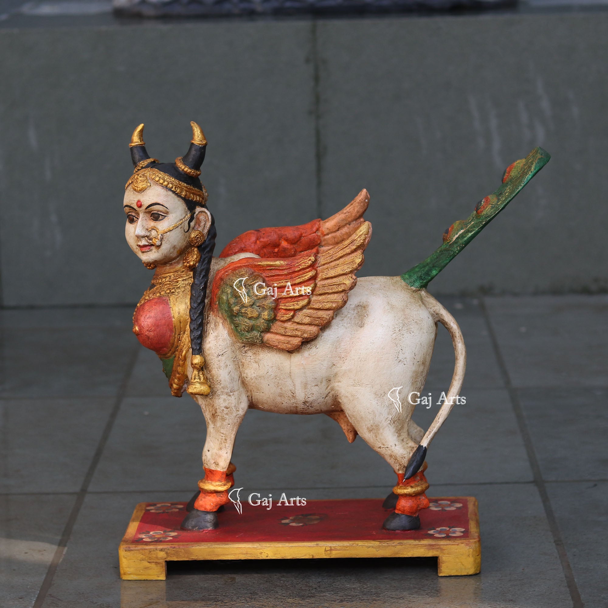 Antique Finish Wooden Kamdhenu Cow Idol | 18 Inch