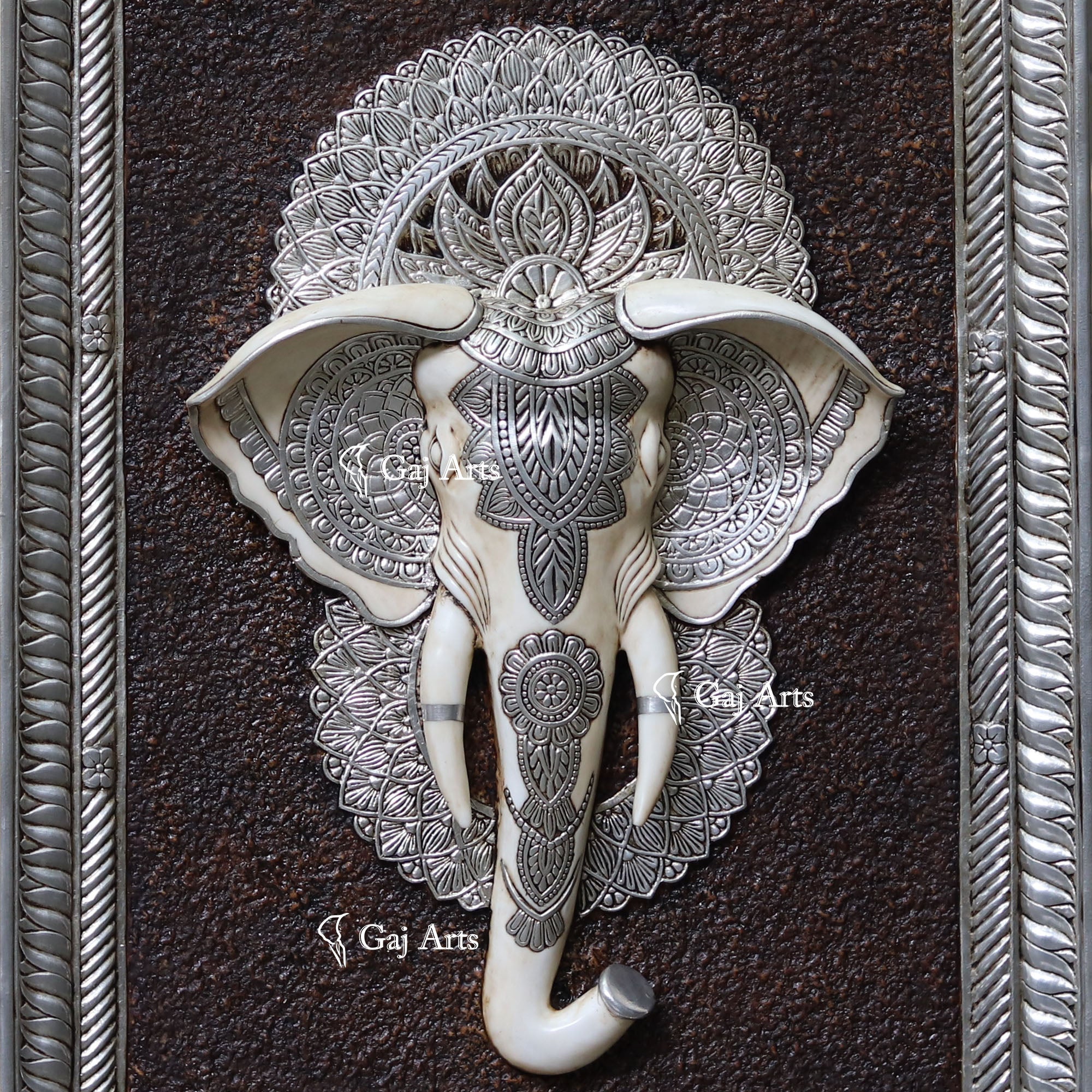 White Antique Finish  Elephant Face Wall Panel Silver Art | 48 Inch