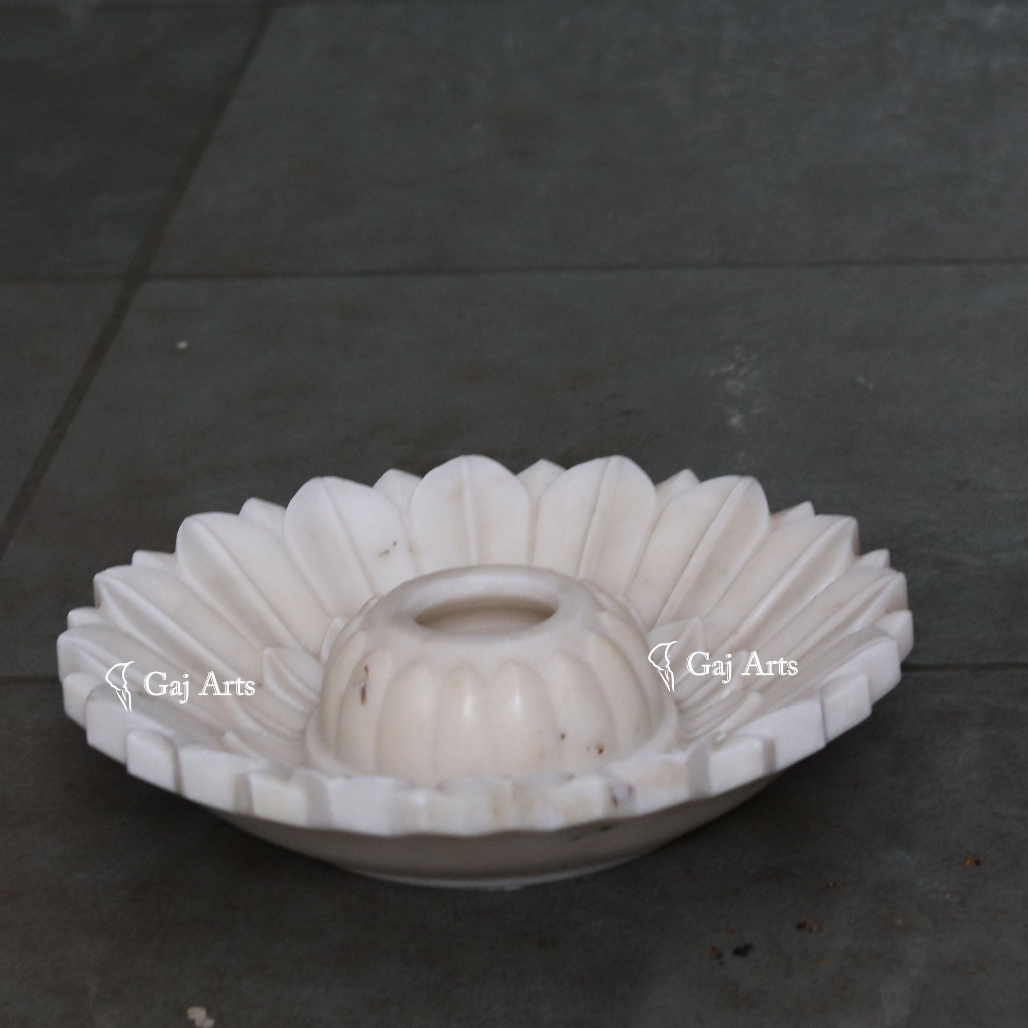 Rajasthan White Marble Hand-Carved Flower Uruli | 15 Inch