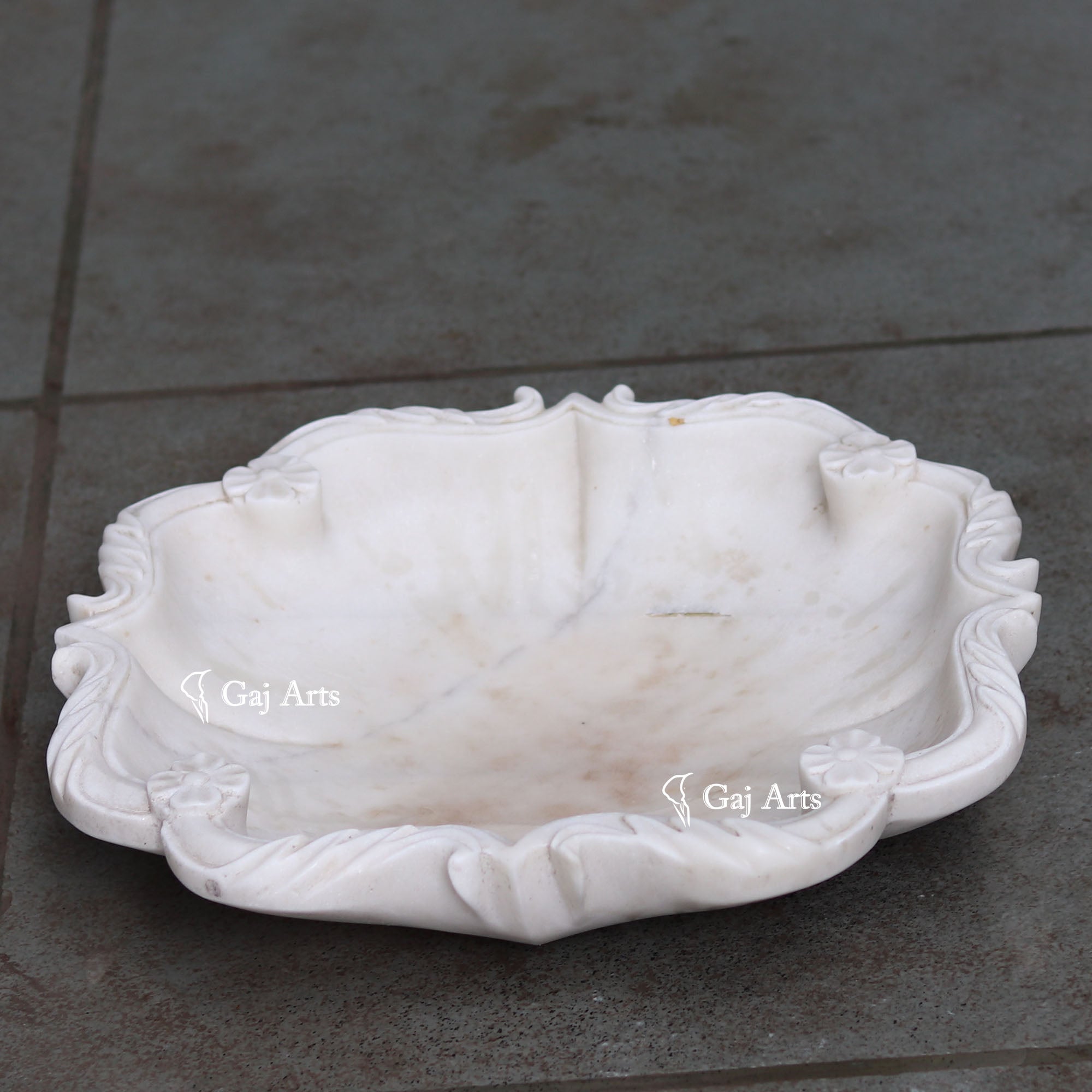 Rajasthan White Marble Floral Uruli Bowl | 15 Inch