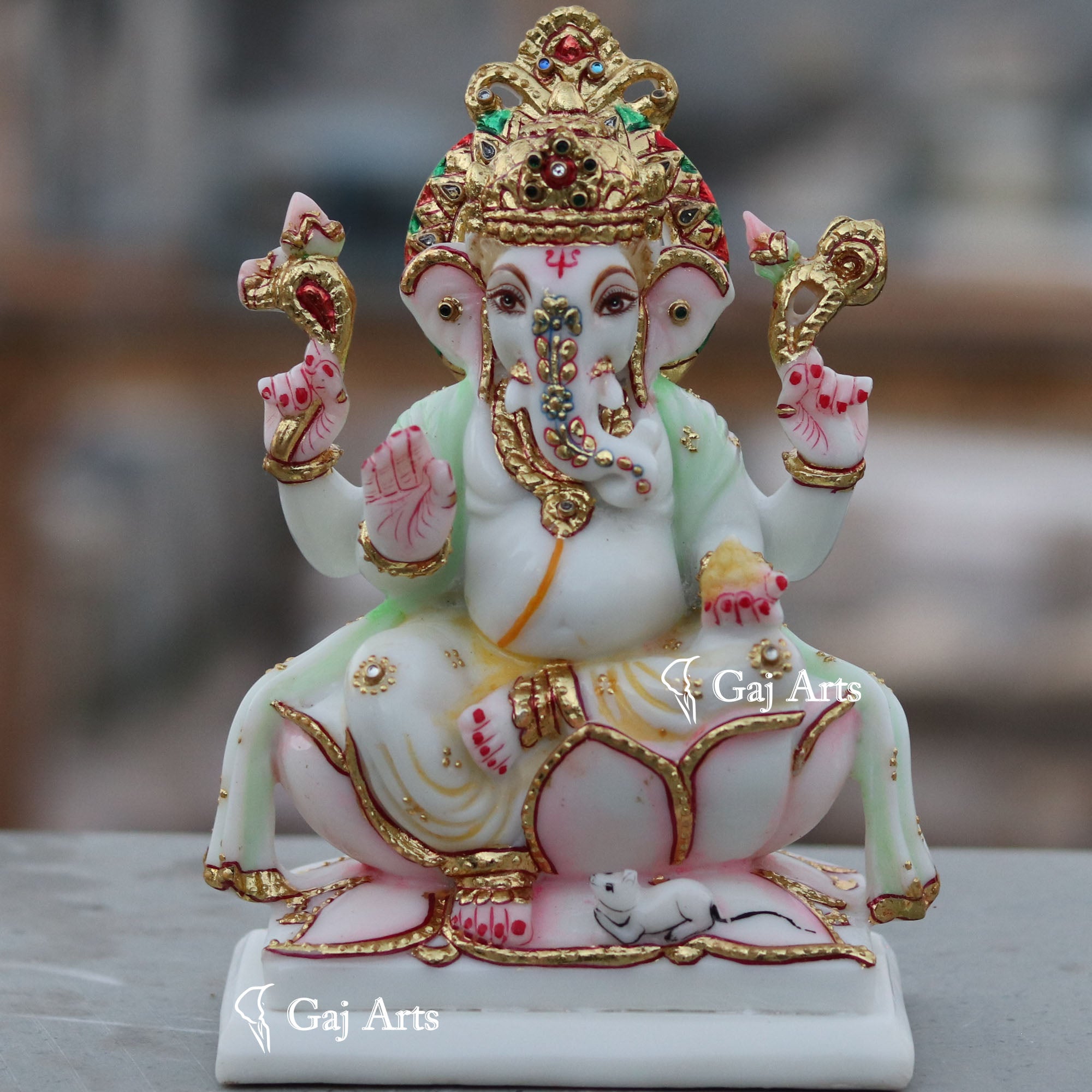 Marble Ganesh Idol with Gold Work | 8 Inch