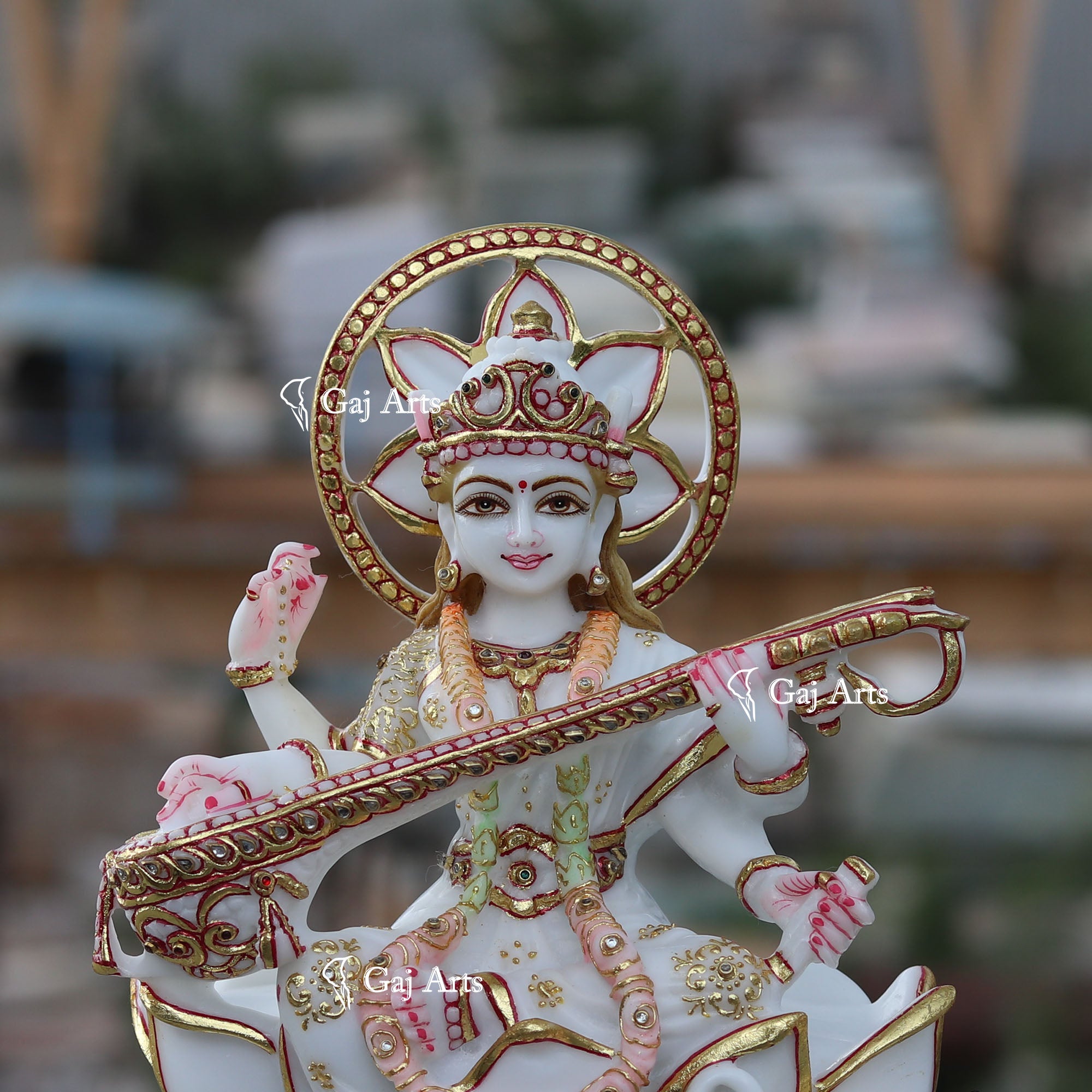 White Ethiopia Marble Saraswati Mata Statue | 12 Inch