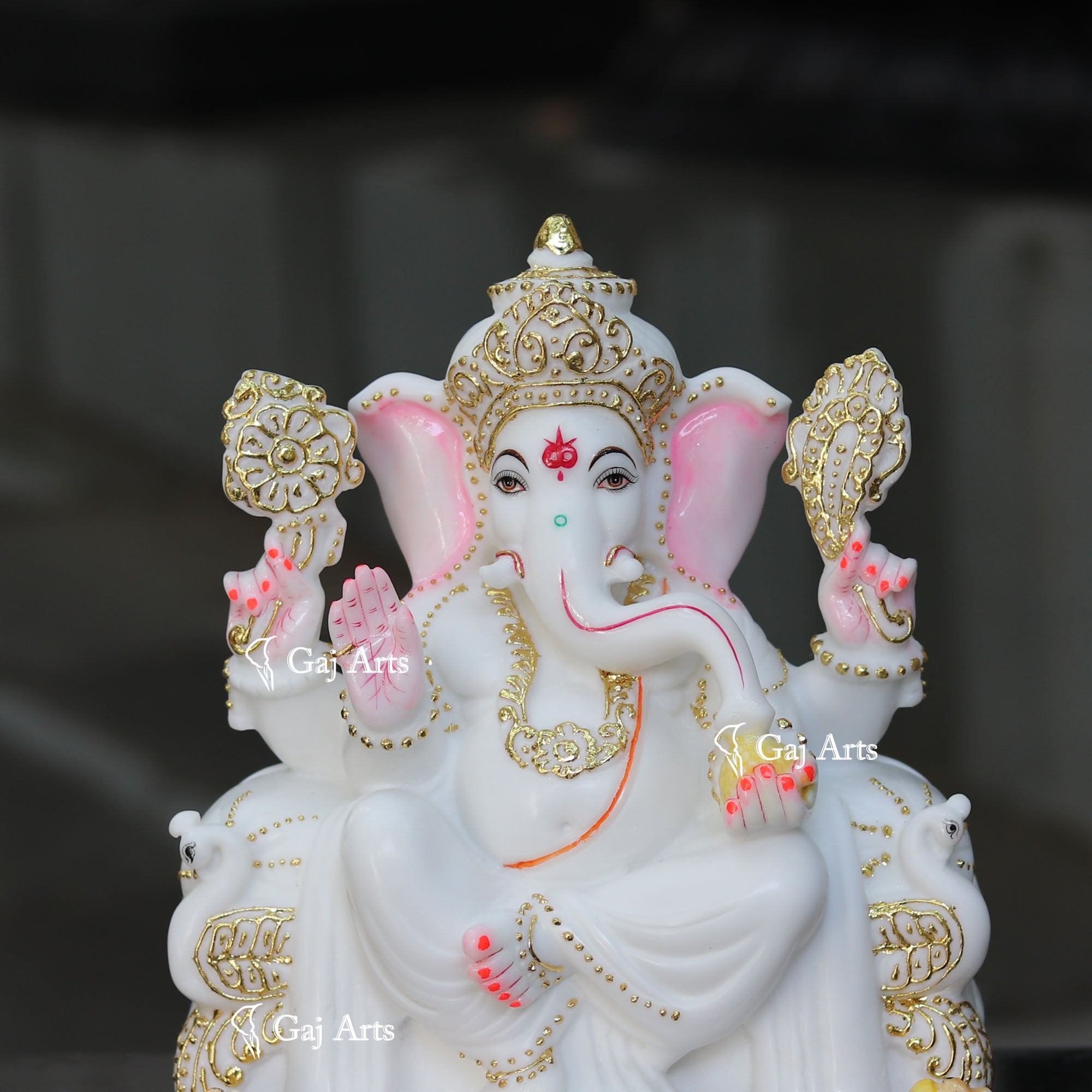 Marble Ganpati Statue on Singhasan Base | 12 Inch